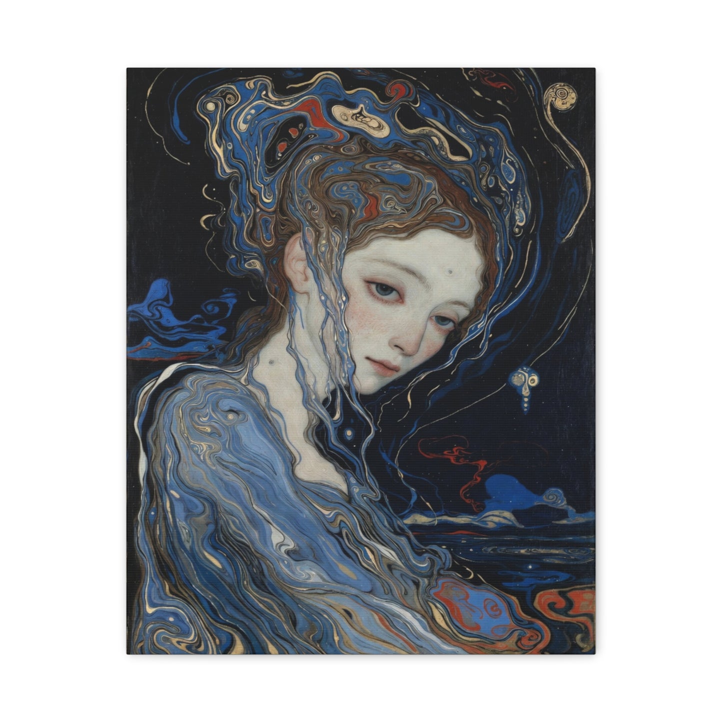 Ethereal Siren Matte Canvas Wall Art — Surreal Blue Portrait, Stretched 1.25"