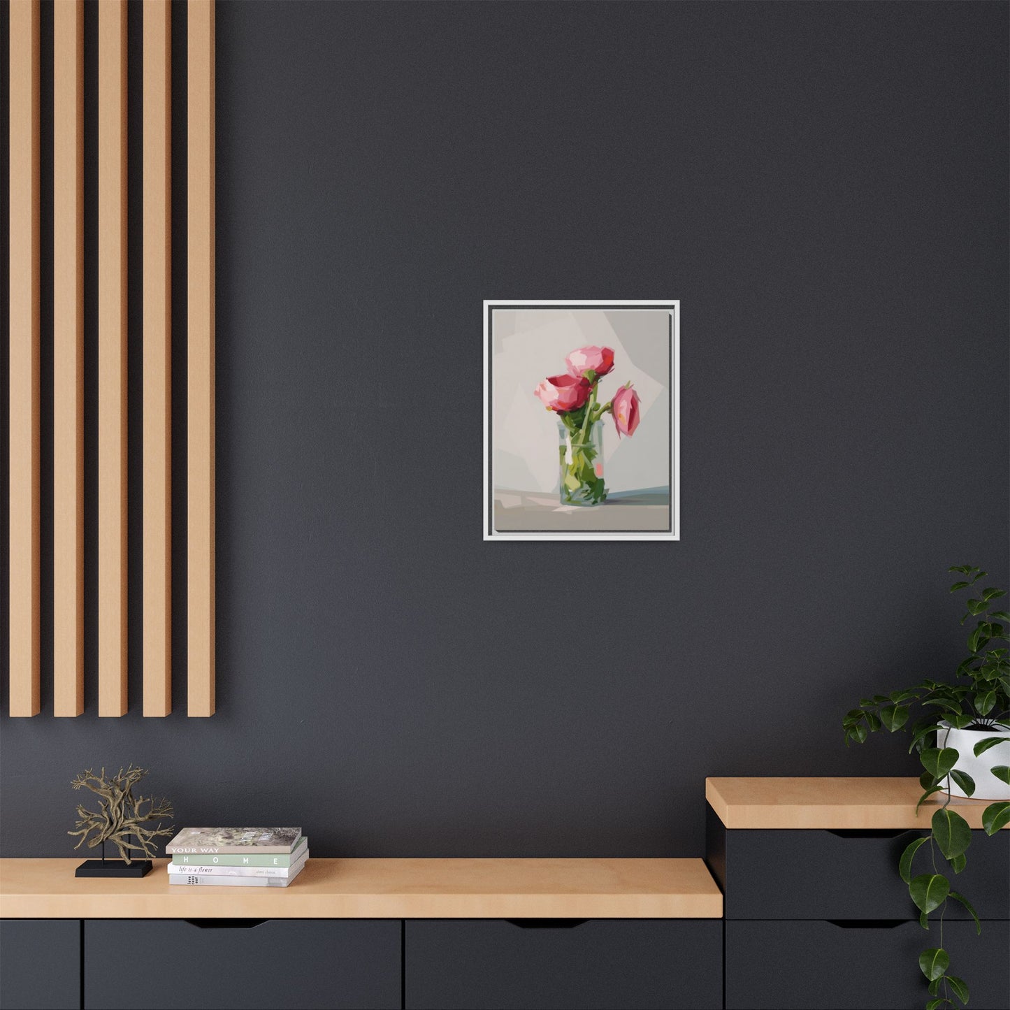 Framed Canvas Art — Pink Roses in Vase, Modern Floral Wall Print