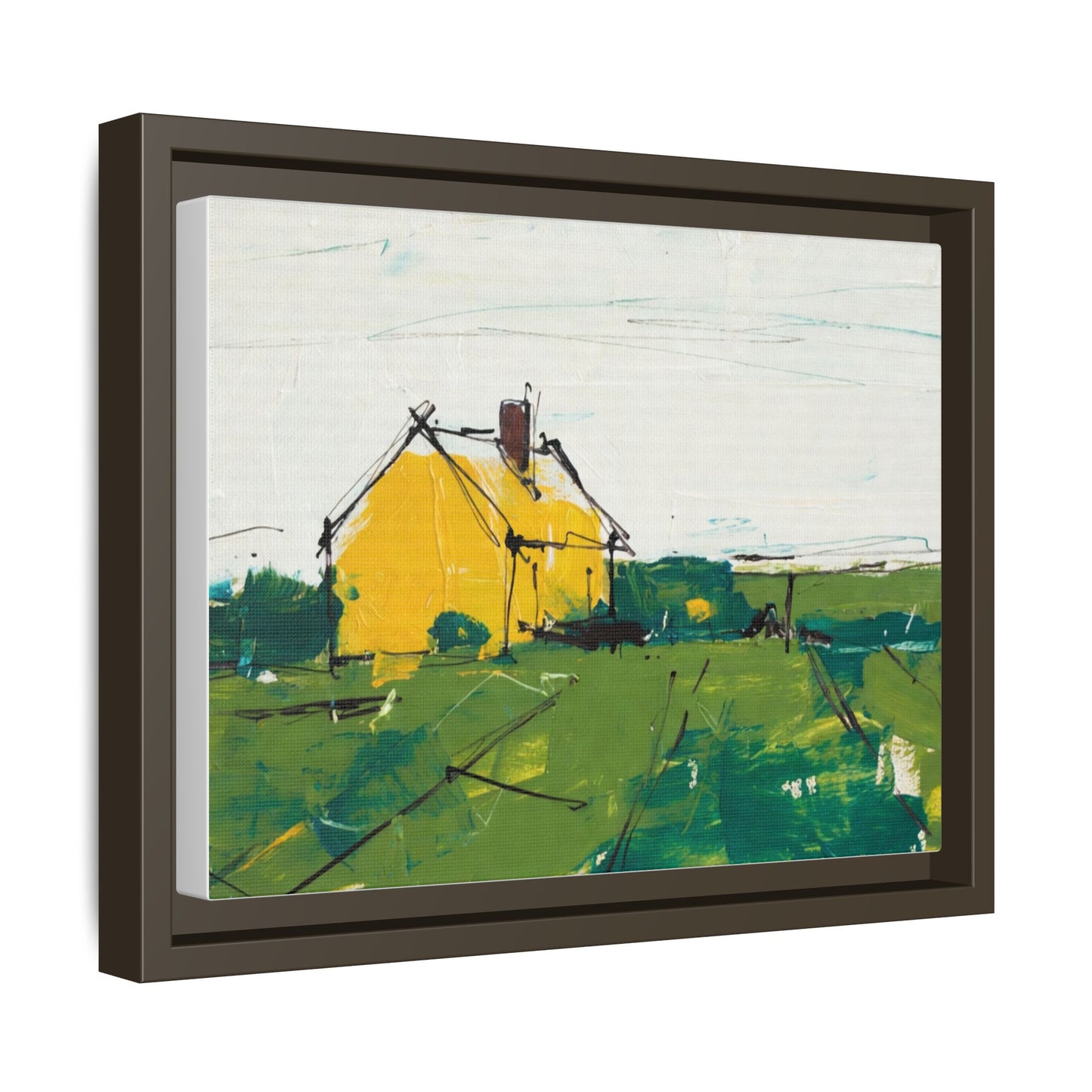 Yellow Cottage Landscape Framed Canvas Print
