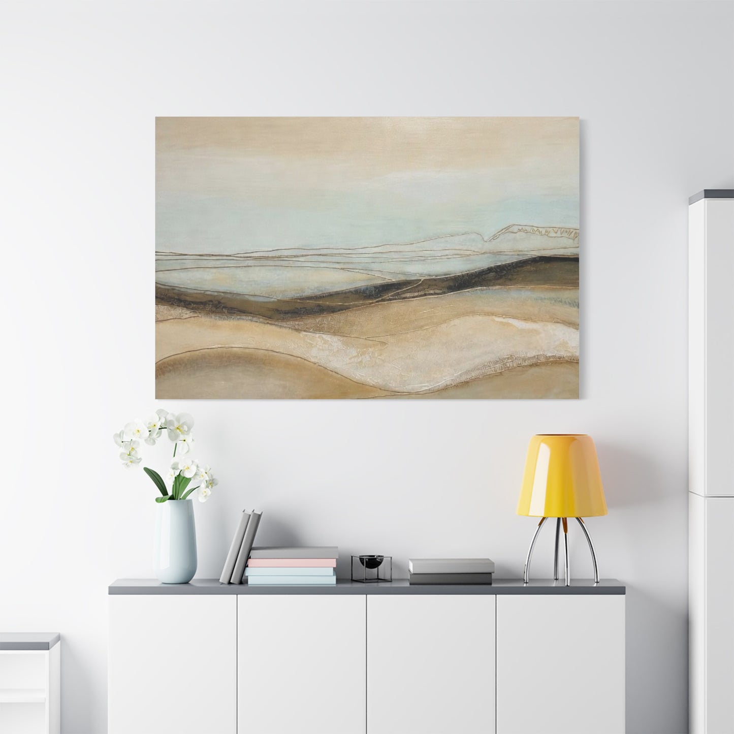 Abstract Coastal Landscape Matte Canvas Wall Art — Neutral Beach Waves Stretched Canvas