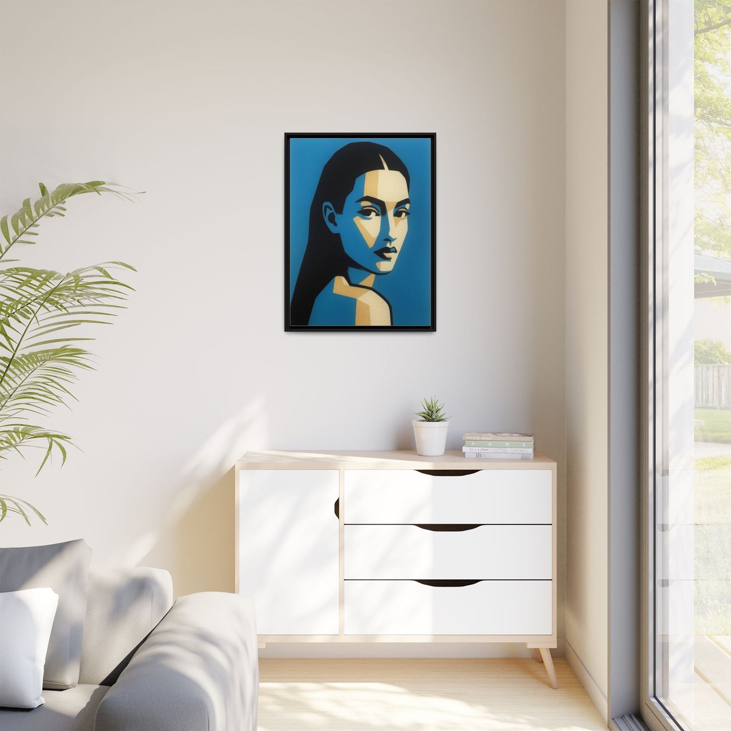 Framed Pop Art Portrait Canvas — Blue Geometric Woman Print