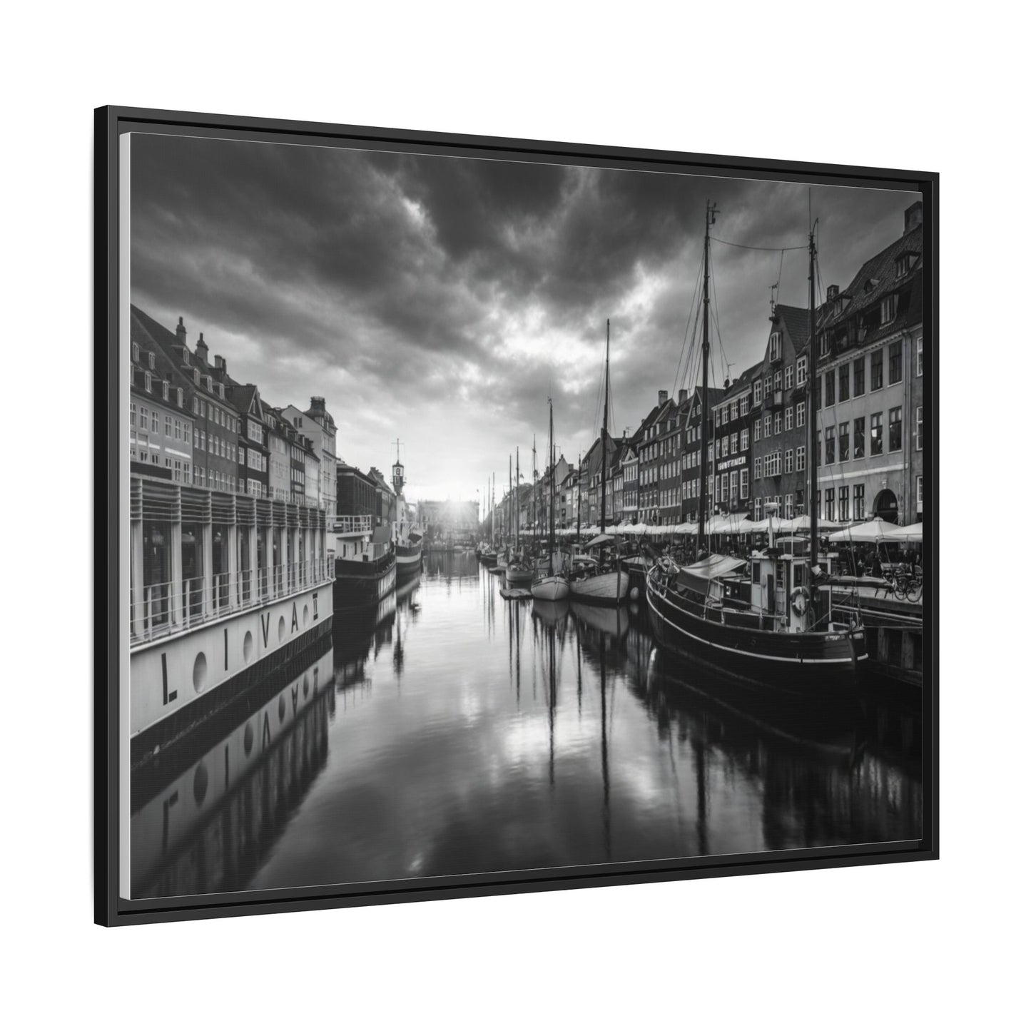 Framed Matte Canvas: Black & White Dutch Canal Photography Wall Art
