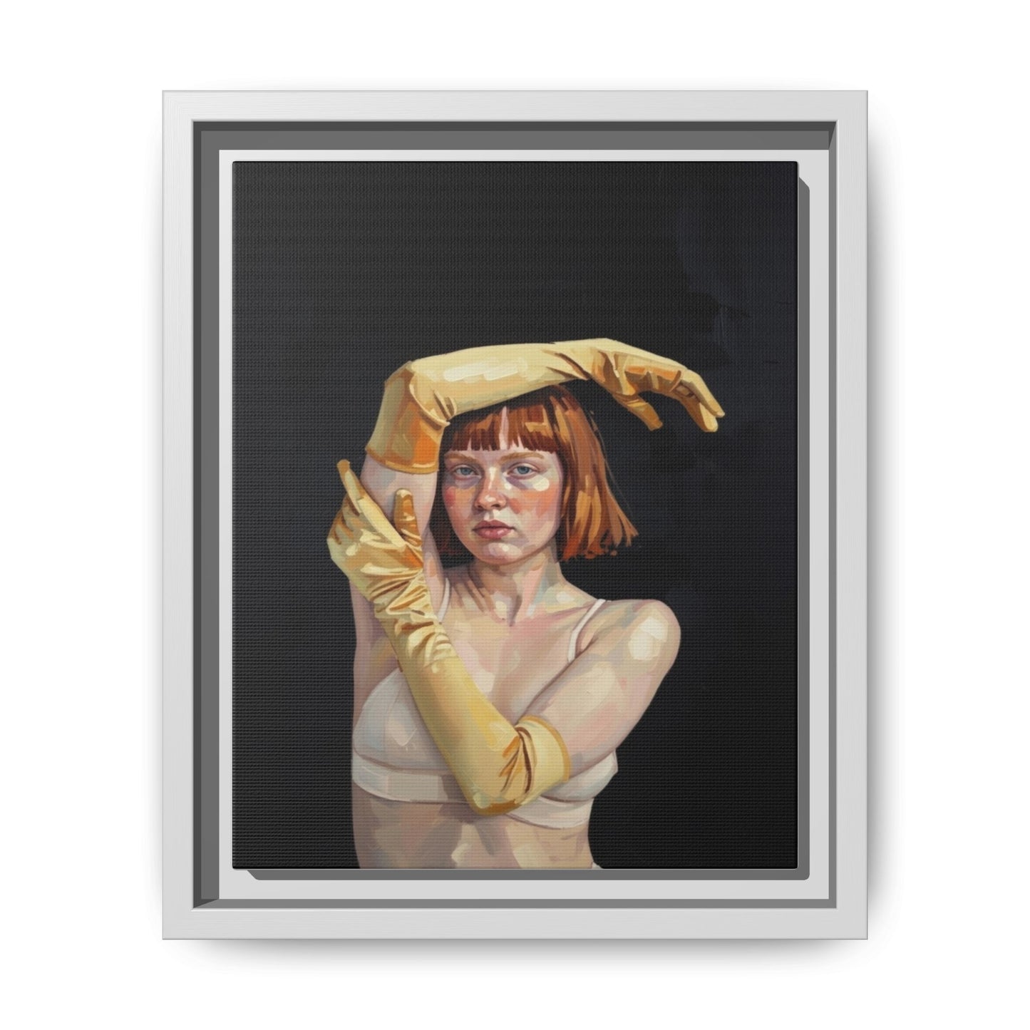 Framed Matte Canvas Art – Portrait of Woman in Yellow Gloves