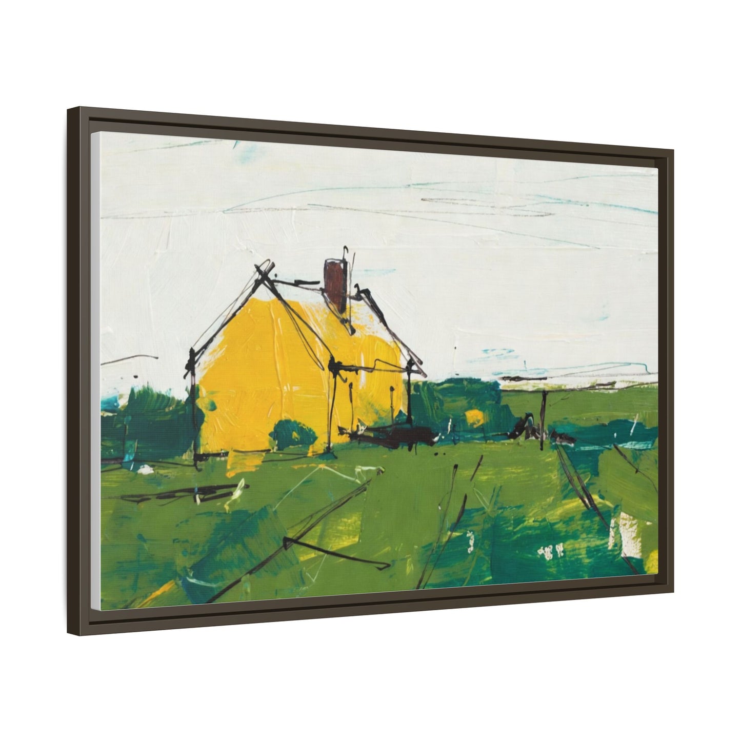 Yellow Cottage Landscape Framed Canvas Print