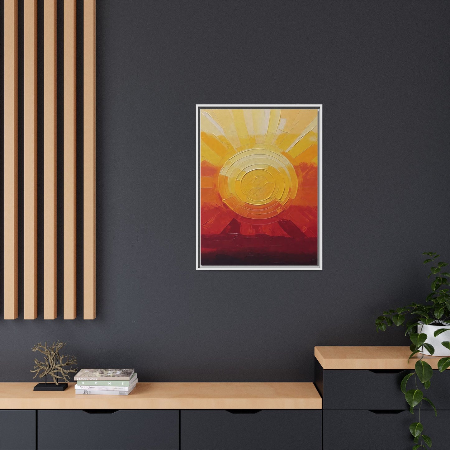 Sunburst Abstract Framed Canvas Art — Matte Multi‑Color Wall Print