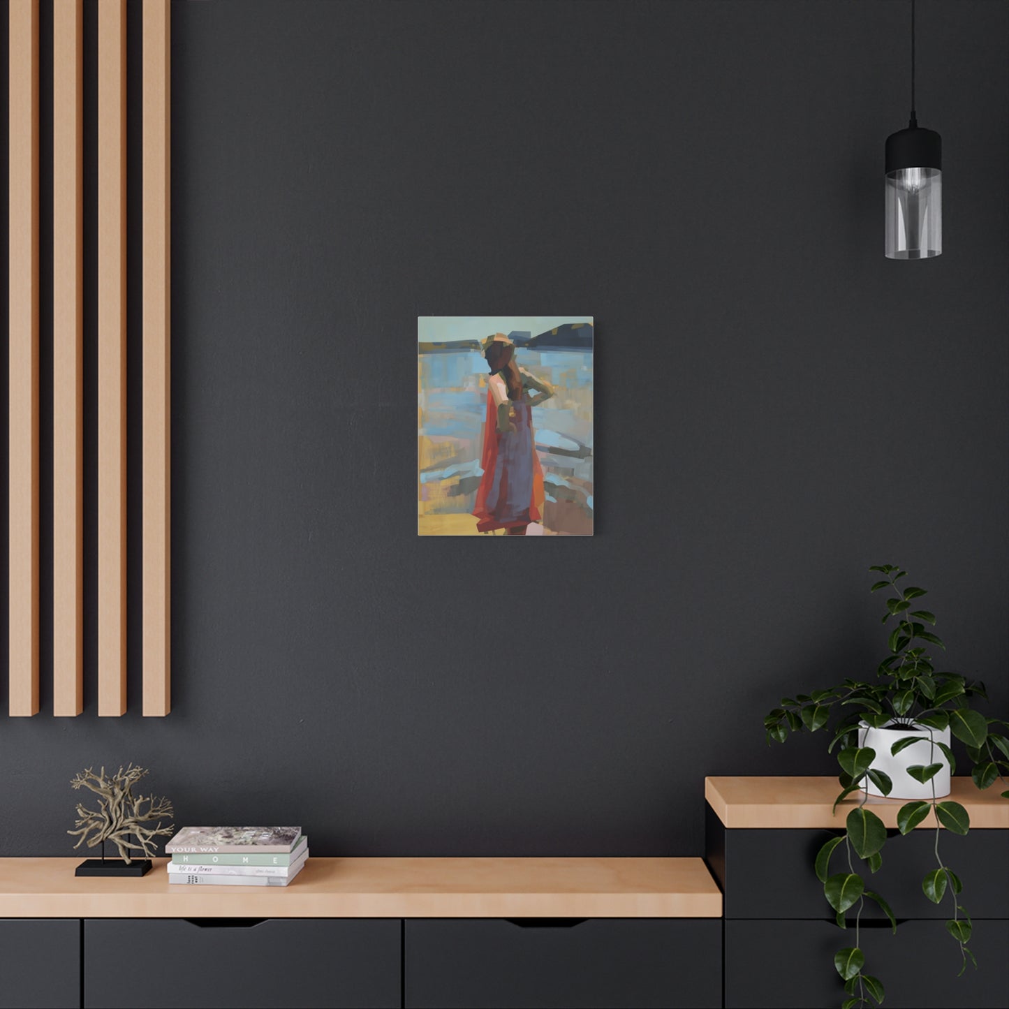 Coastal Stroll Matte Canvas Print — Abstract Woman in Red Dress, Stretched 1.25"