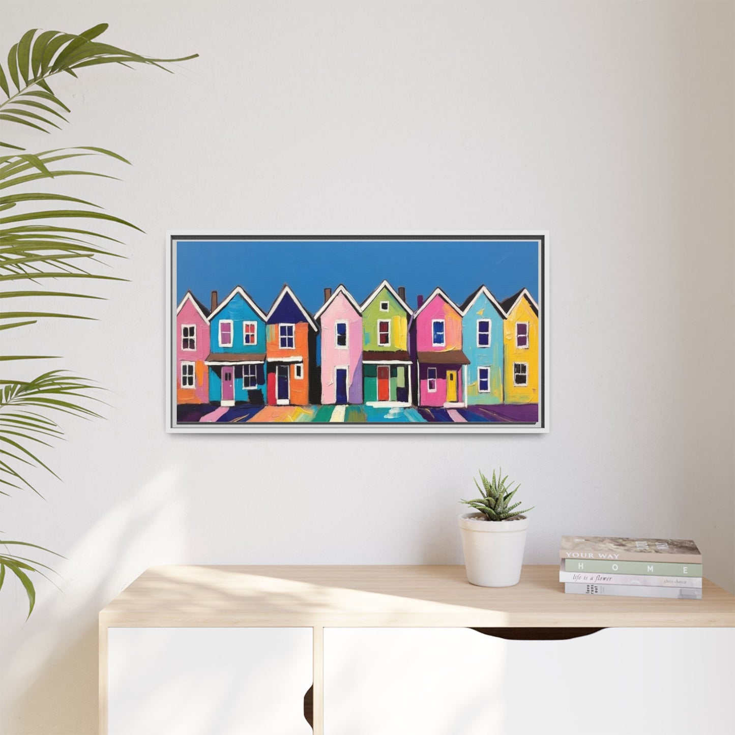 Colorful Beach Houses Matte Canvas Framed Wall Art