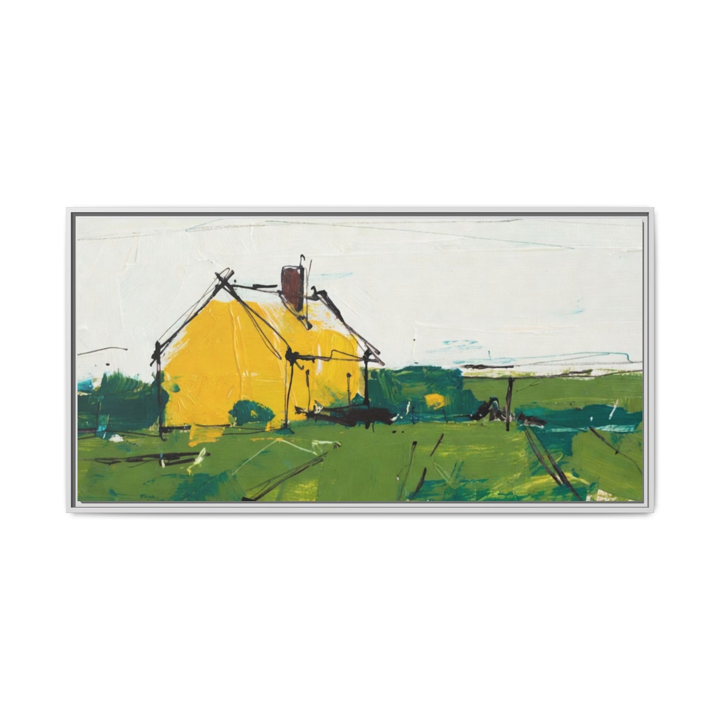 Yellow Cottage Landscape Framed Canvas Print