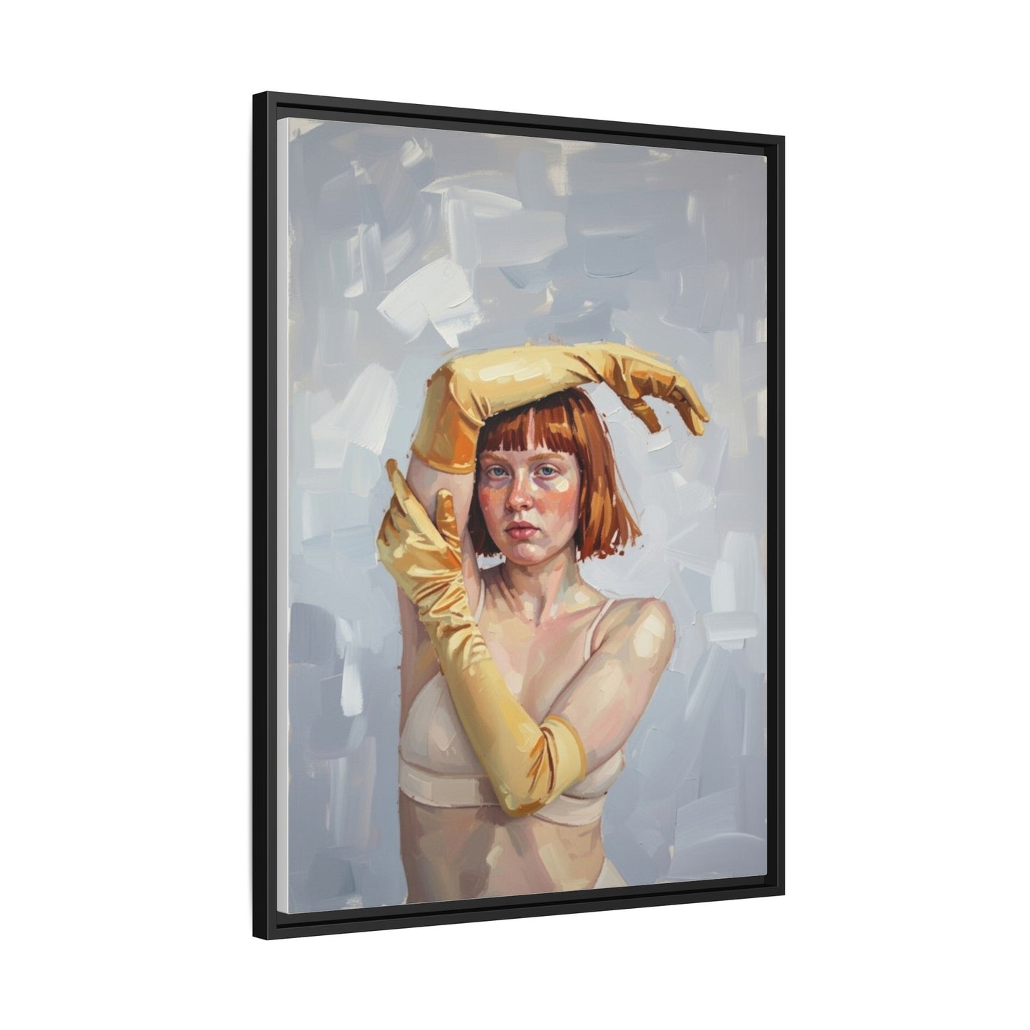 Contemporary Portrait Canvas Print — Woman with Yellow Gloves (Framed Matte)