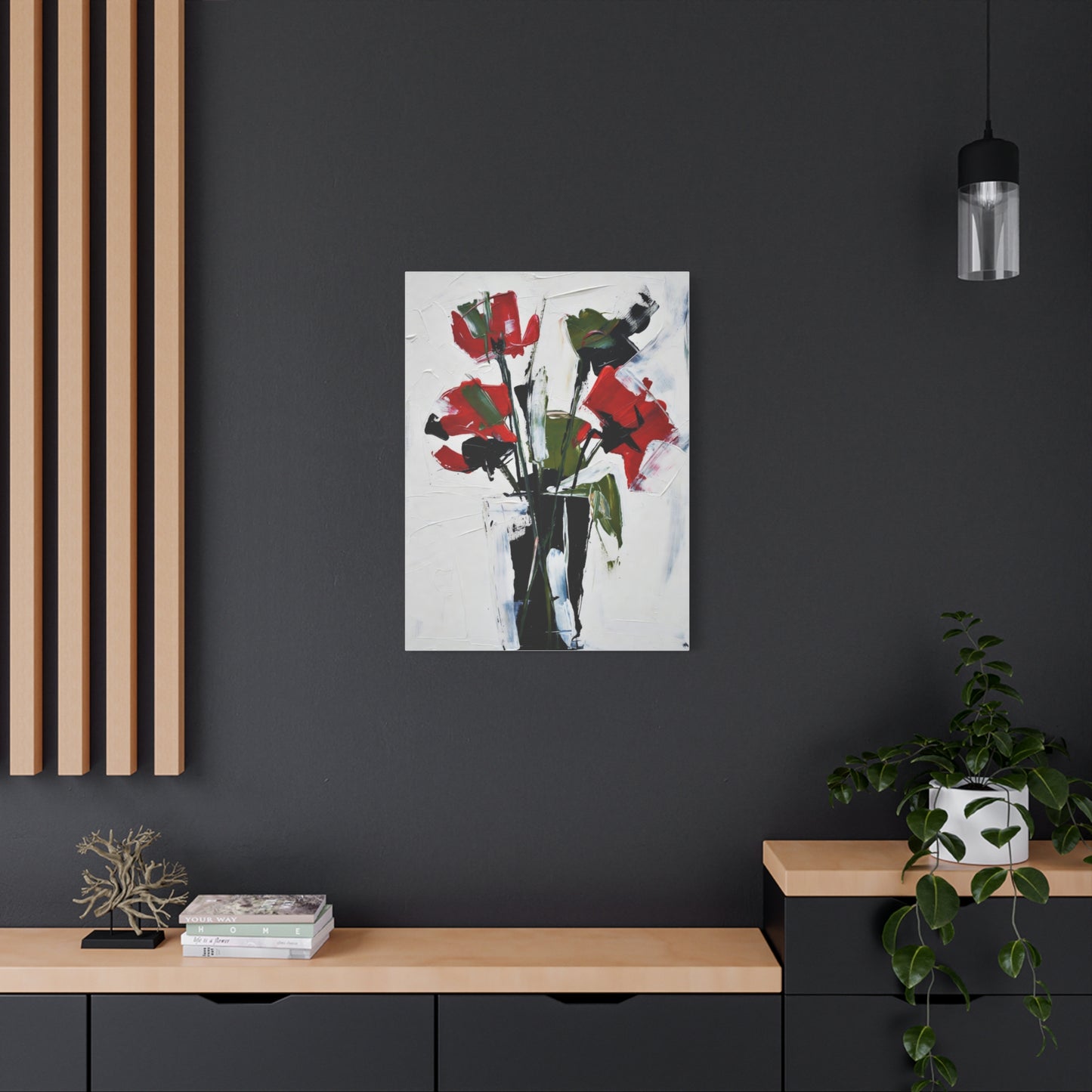 Red Floral Abstract Canvas Print — Modern Painterly Flowers on Matte Stretched Canvas