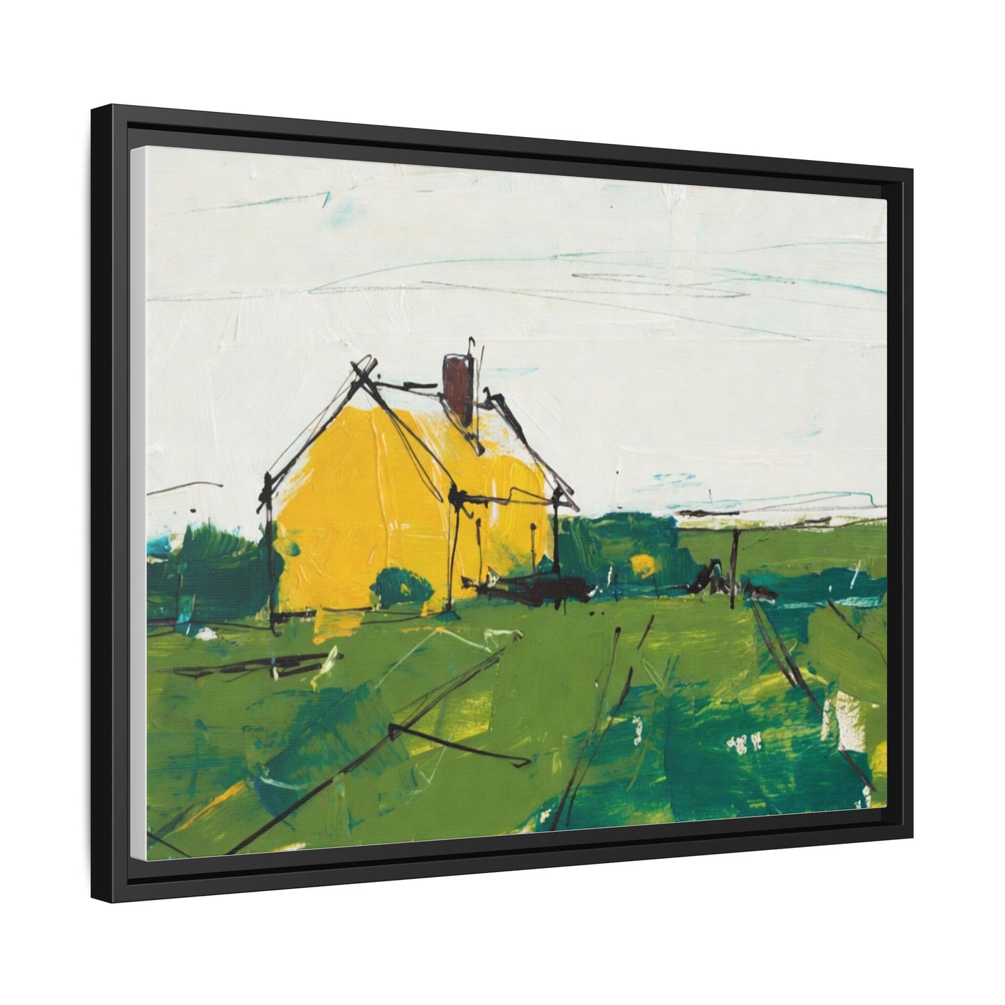 Yellow Cottage Landscape Framed Canvas Print