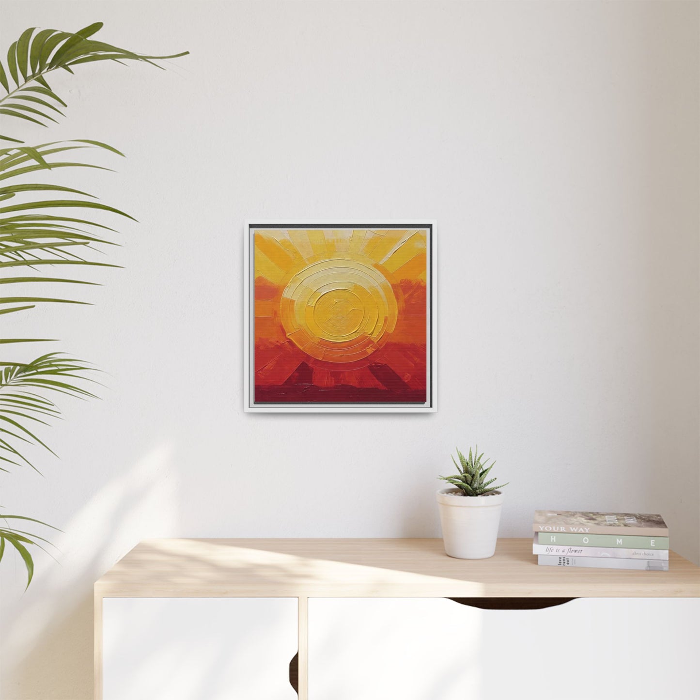 Sunburst Abstract Framed Canvas Art — Matte Multi‑Color Wall Print