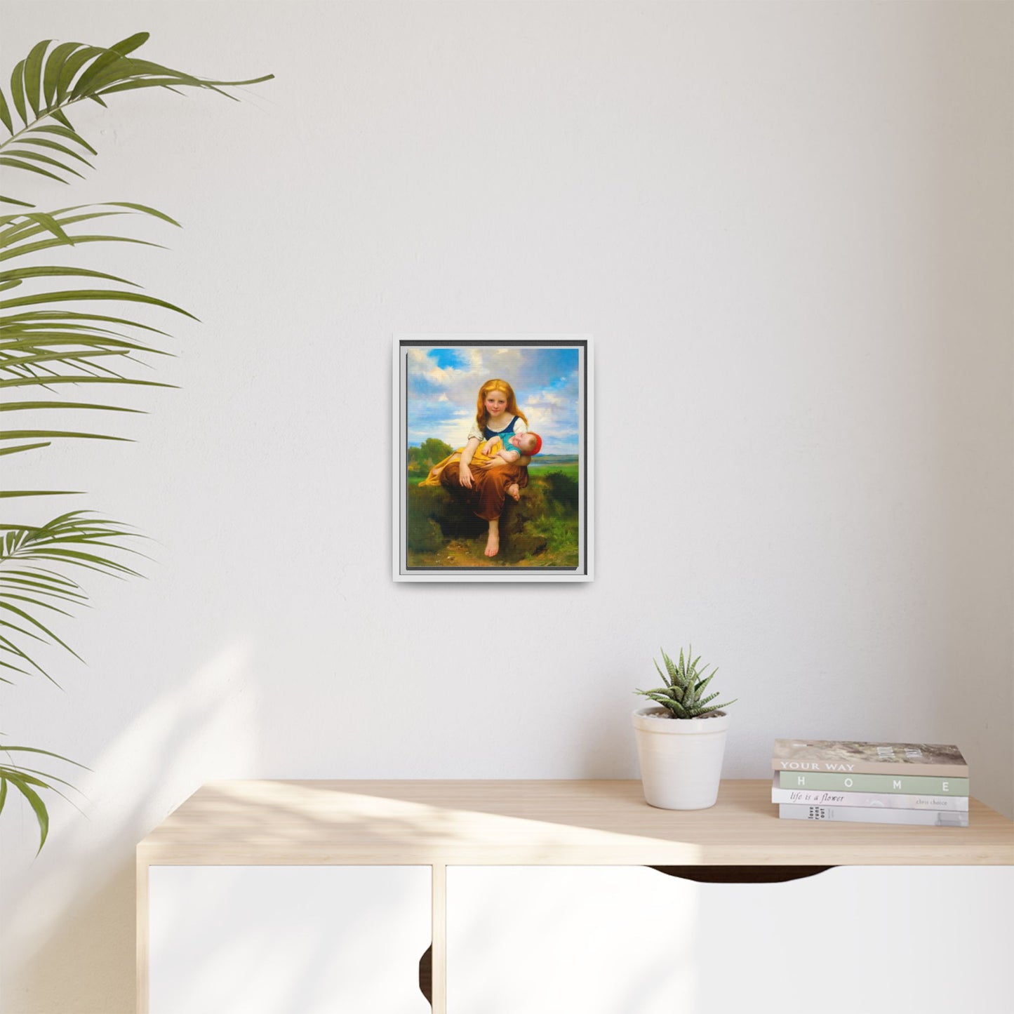 Young Girl Holding Sleeping Baby Canvas Print, Framed Wall Art