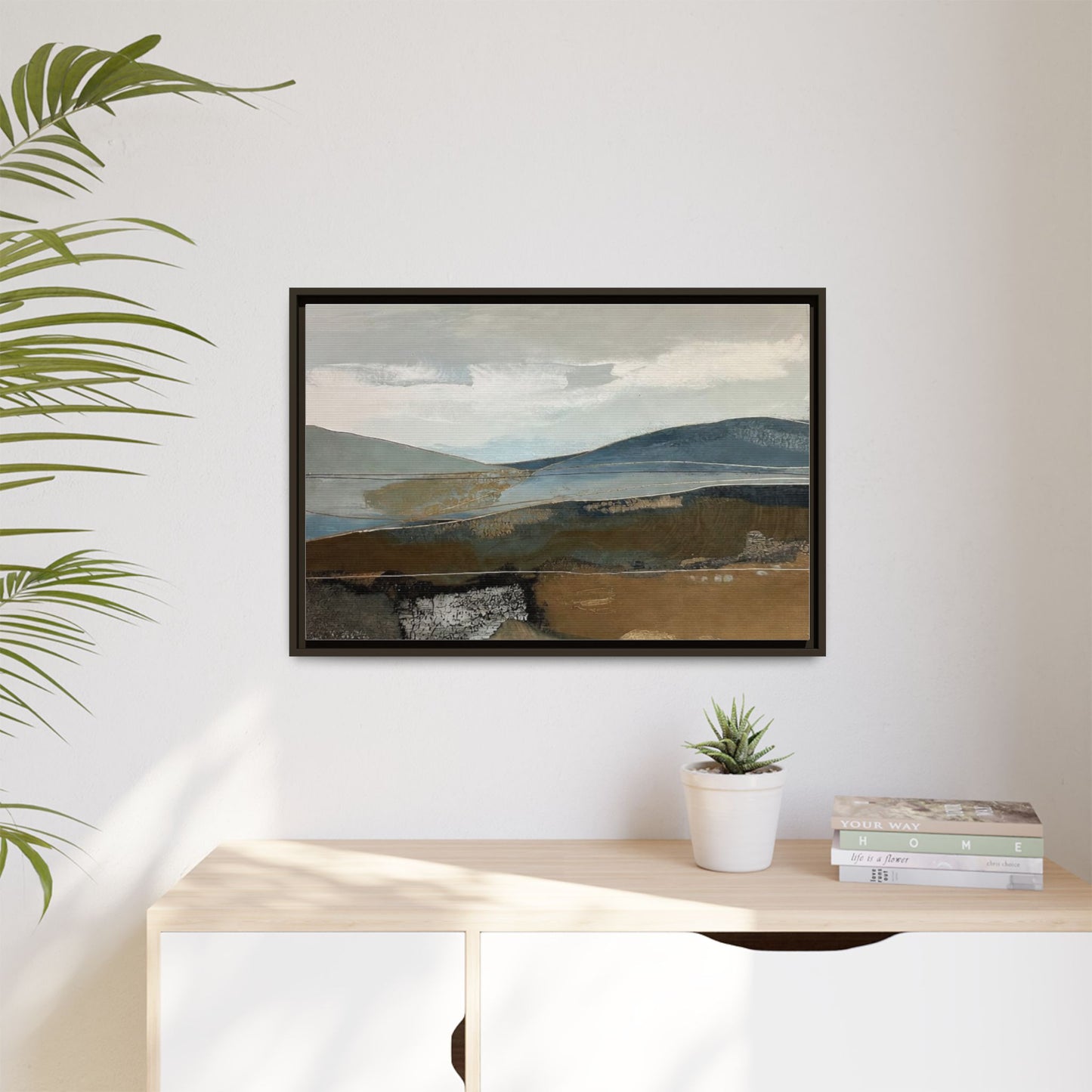 Framed Matte Canvas Landscape Art - Serene Abstract Hills in Blue & Earth Tones