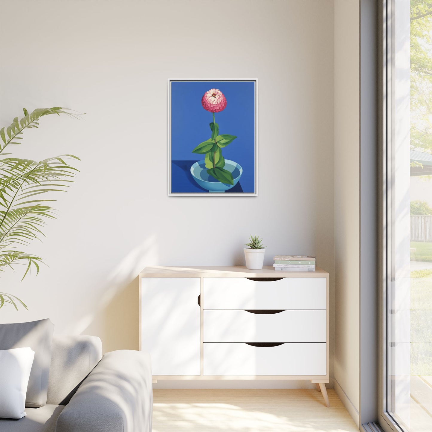 Framed Matte Canvas Art — Pink Zinnia in Blue Bowl (Botanical Still Life)