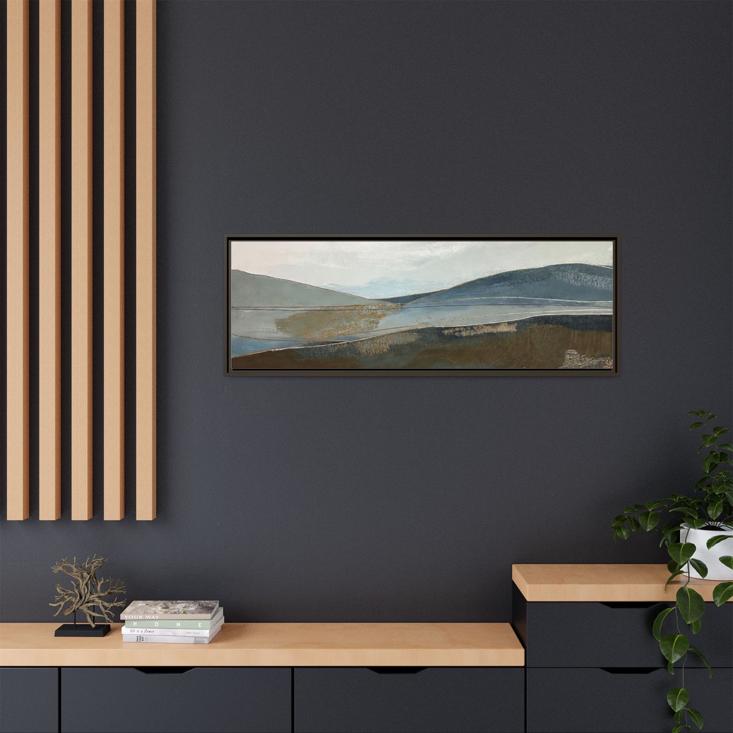 Framed Matte Canvas Landscape Art - Serene Abstract Hills in Blue & Earth Tones