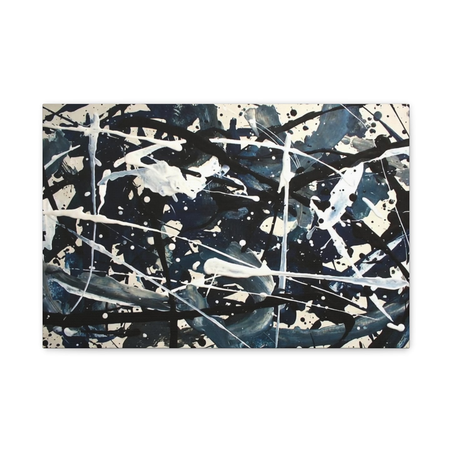 Abstract Drip Painting Canvas Print — Blue & Black Modern Wall Art (Matte Stretched)