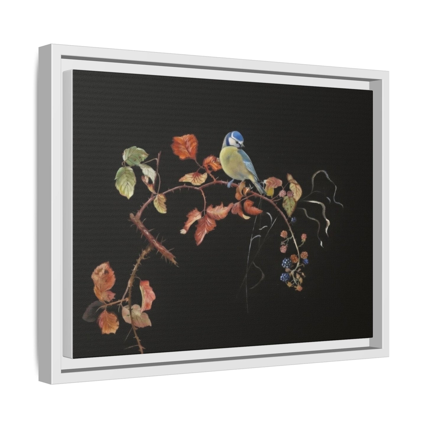 Framed Matte Canvas - Blue Tit on Autumn Branch Wall Art
