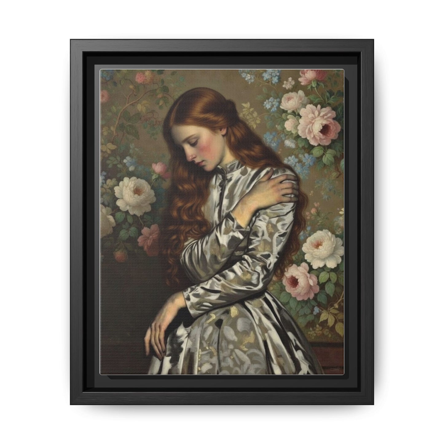 Framed Matte Canvas Art — Vintage Floral Portrait of a Young Woman