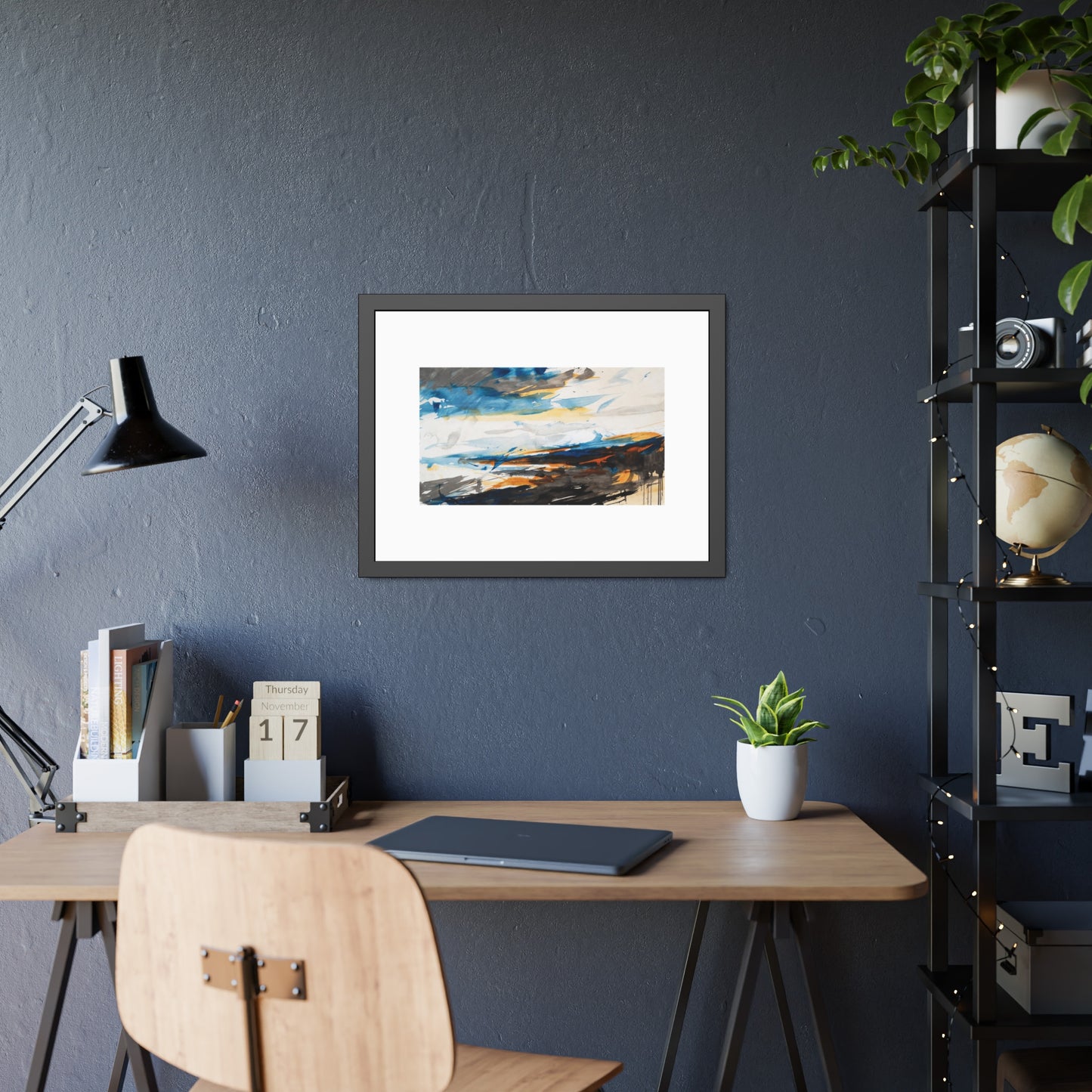 Framed Abstract Poster — Blue & Gold Coastal Abstract Art Print