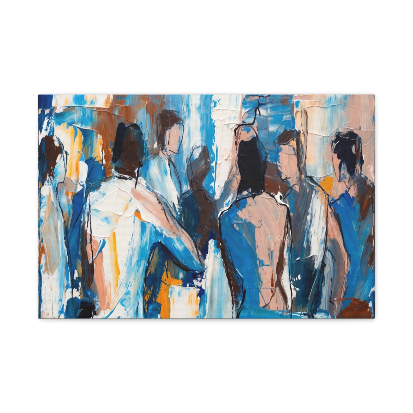 Abstract Figurative Canvas Art — Blue Social Scene Matte Stretched Canvas