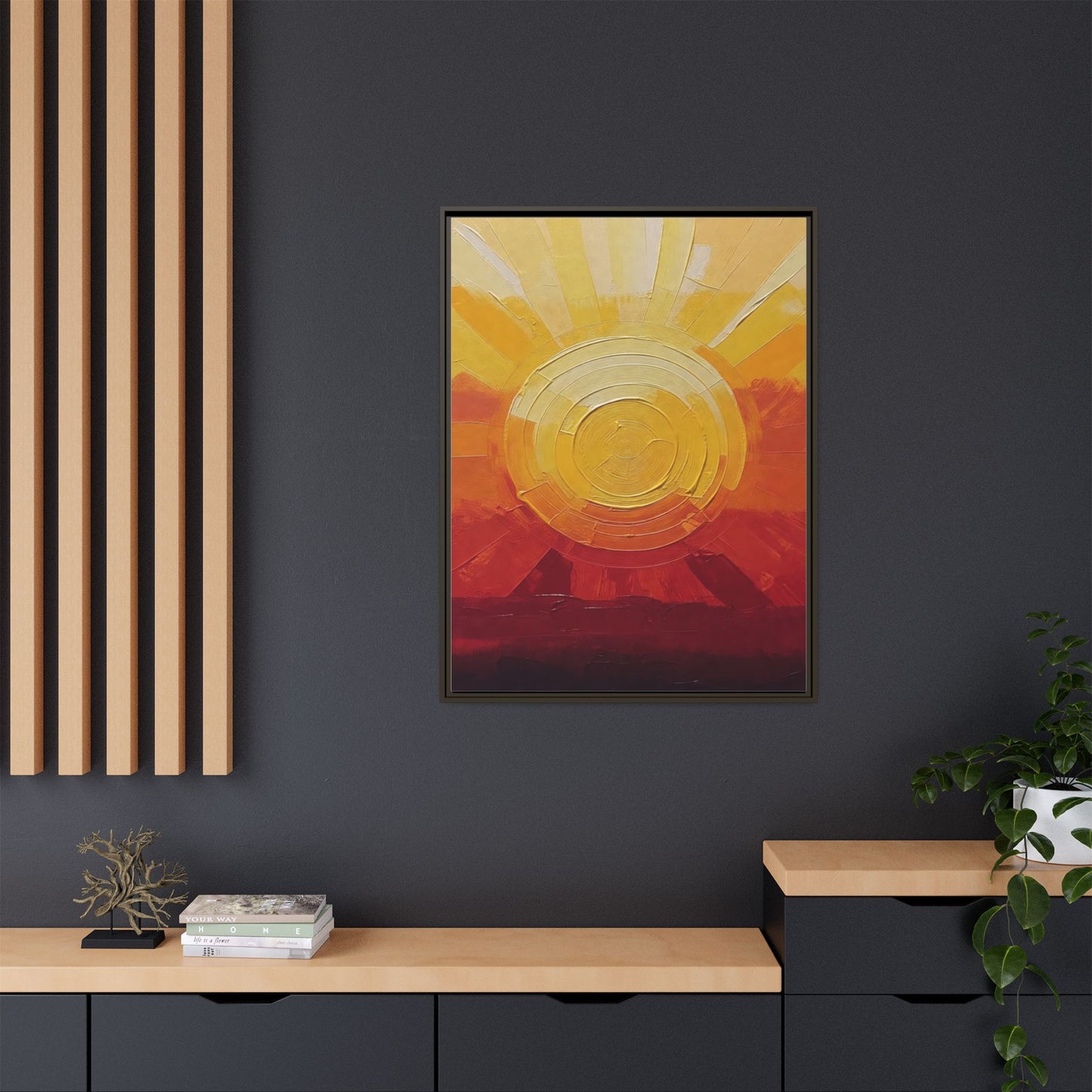 Sunburst Abstract Framed Canvas Art — Matte Multi‑Color Wall Print