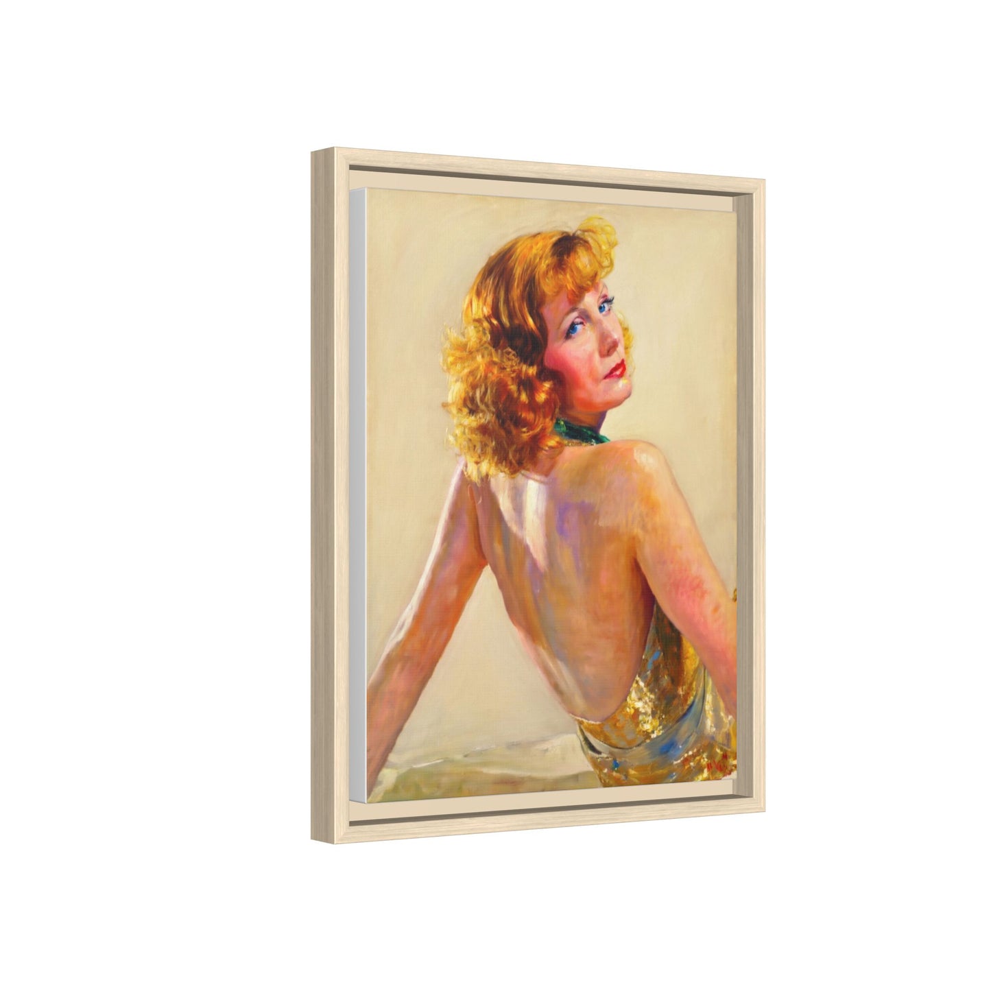 Framed Matte Canvas Print — Vintage Portrait of Redhead Greta Garbo in Gold Dress