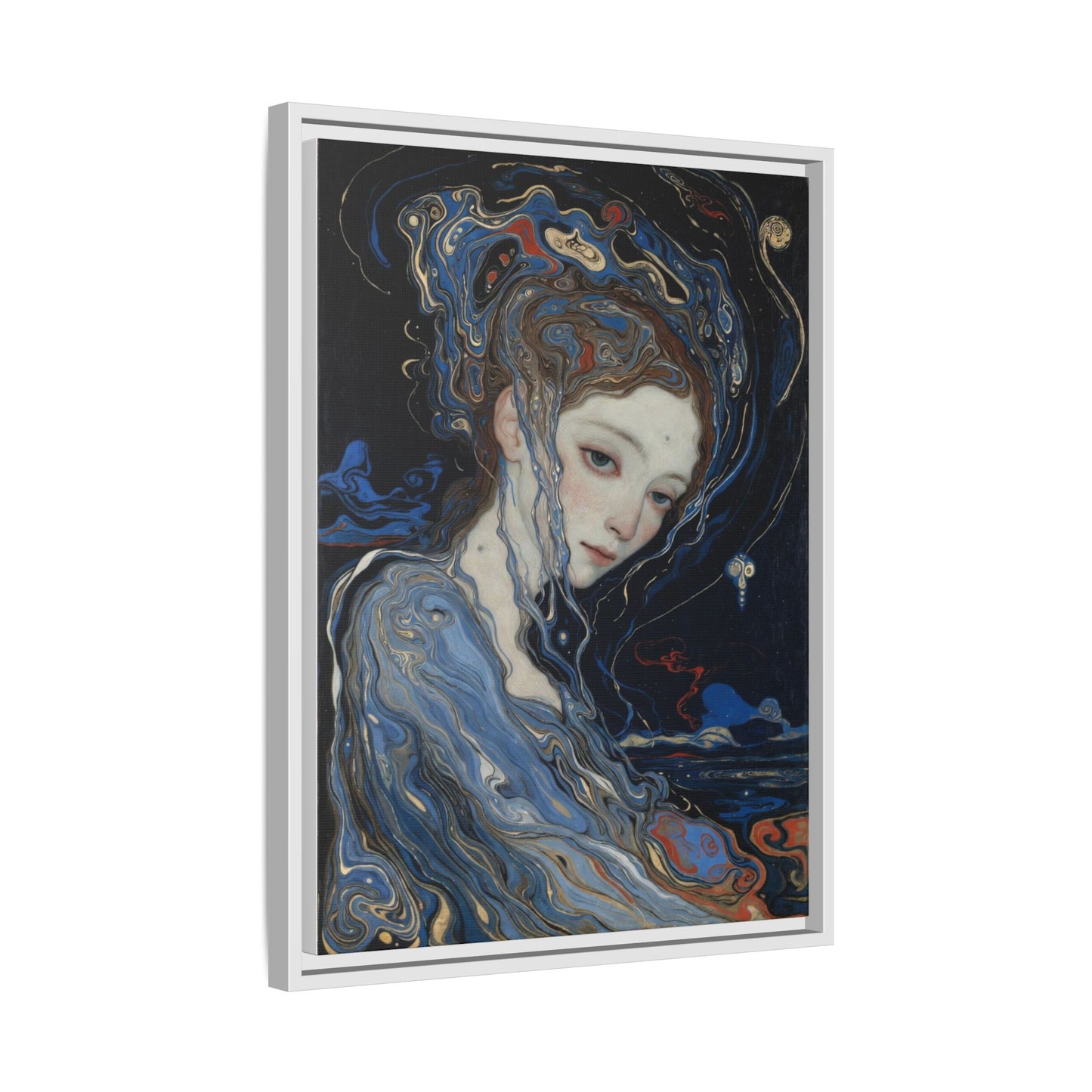 Framed Matte Canvas Art Print — Surreal Blue Maiden Portrait
