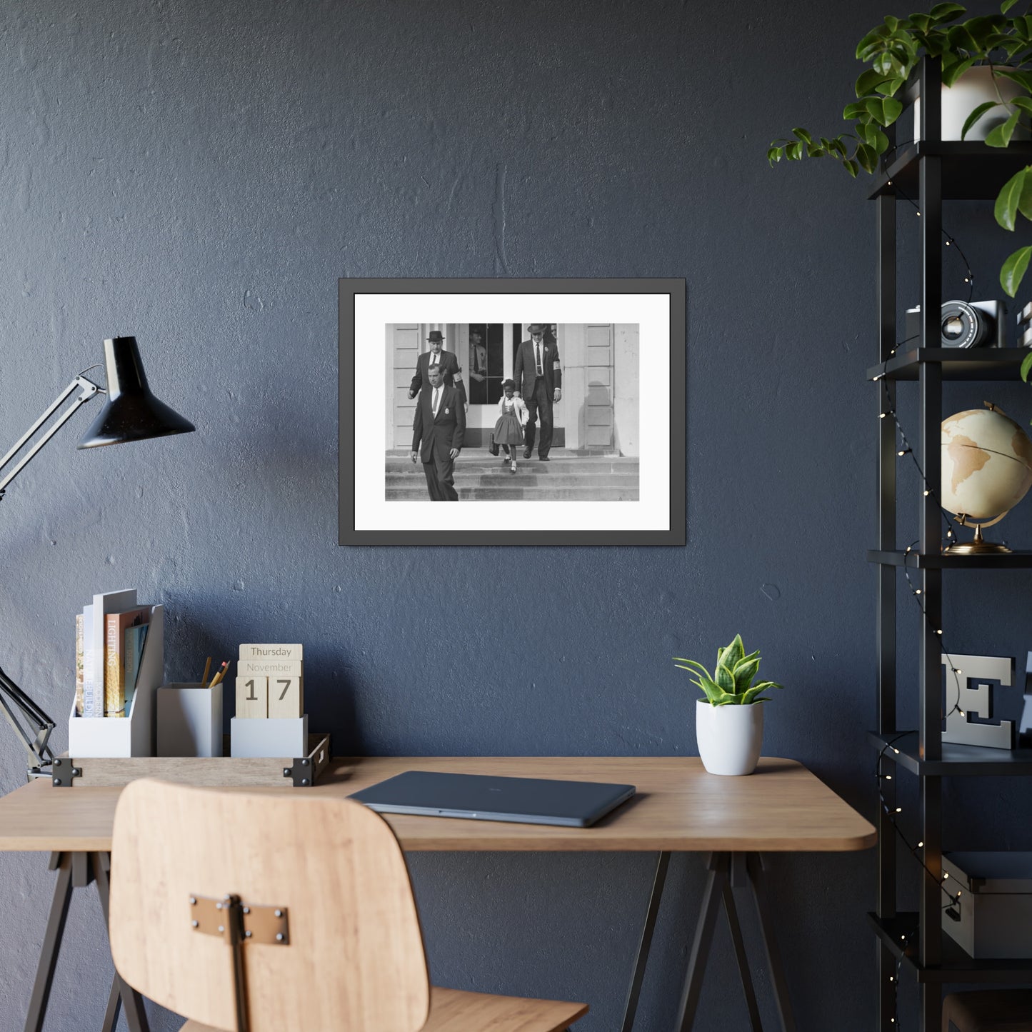US Marshals with Young Ruby Bridges on School Steps by Unknown  Black & White Civil Rights Photograph Framed Wall Art Print