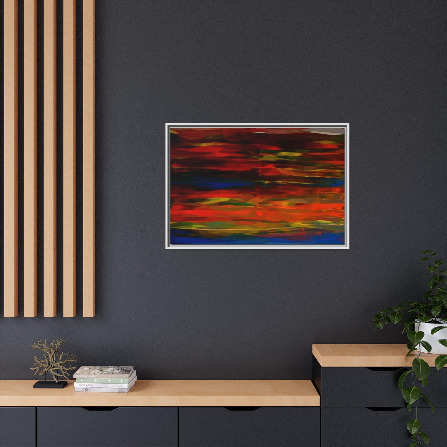 Abstract Multi-Color Matte Canvas Framed Wall Art — Bold Red & Blue Modern Painting