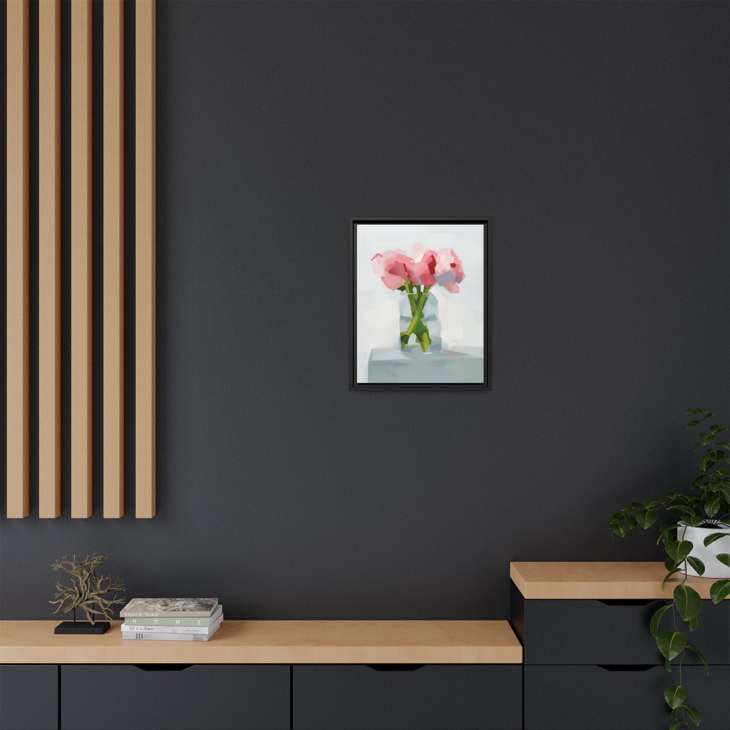 Framed Floral Canvas Art — Pink Peonies in Vase (Matte)