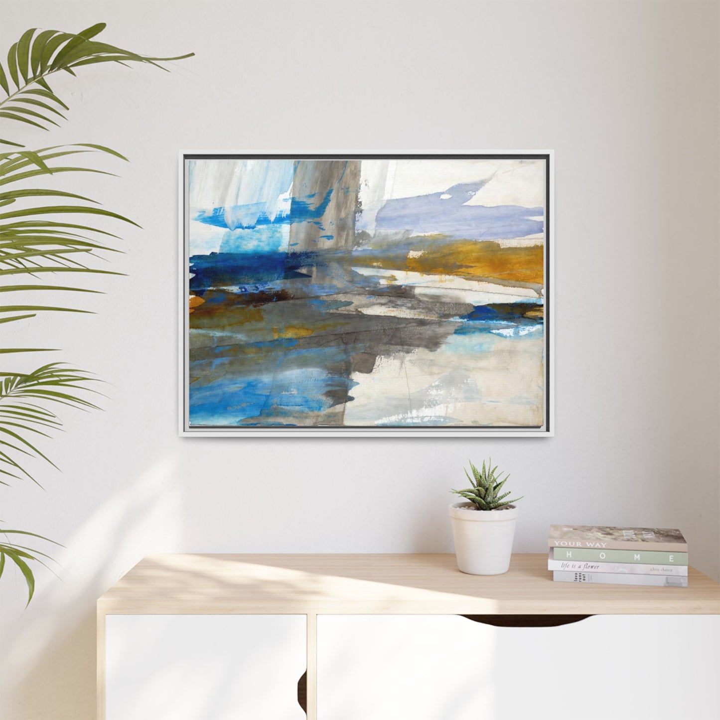 Abstract Blue & Gold Framed Canvas Art — Matte Multi-Color Wall Print