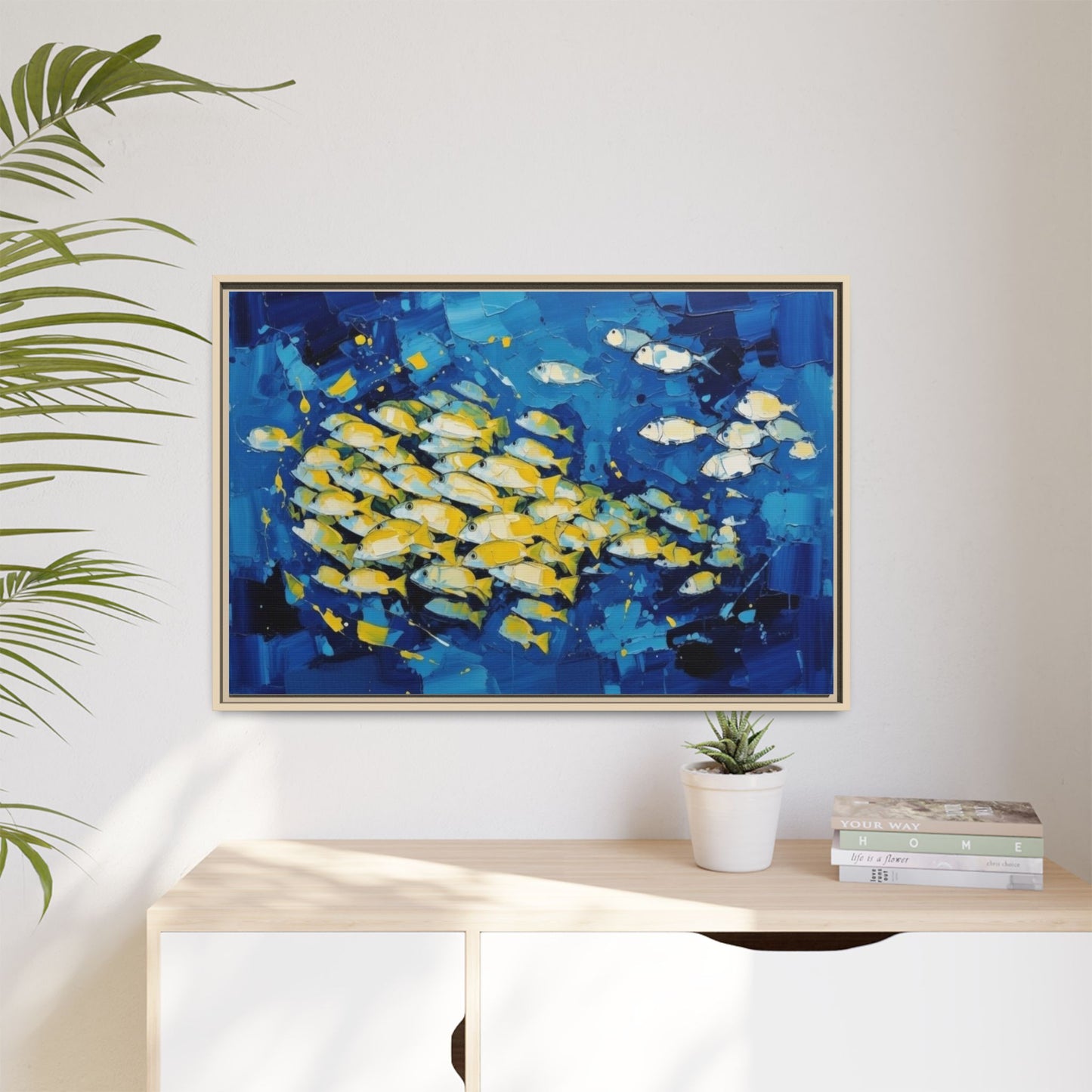 Framed Matte Canvas: Blue School of Fish Wall Art