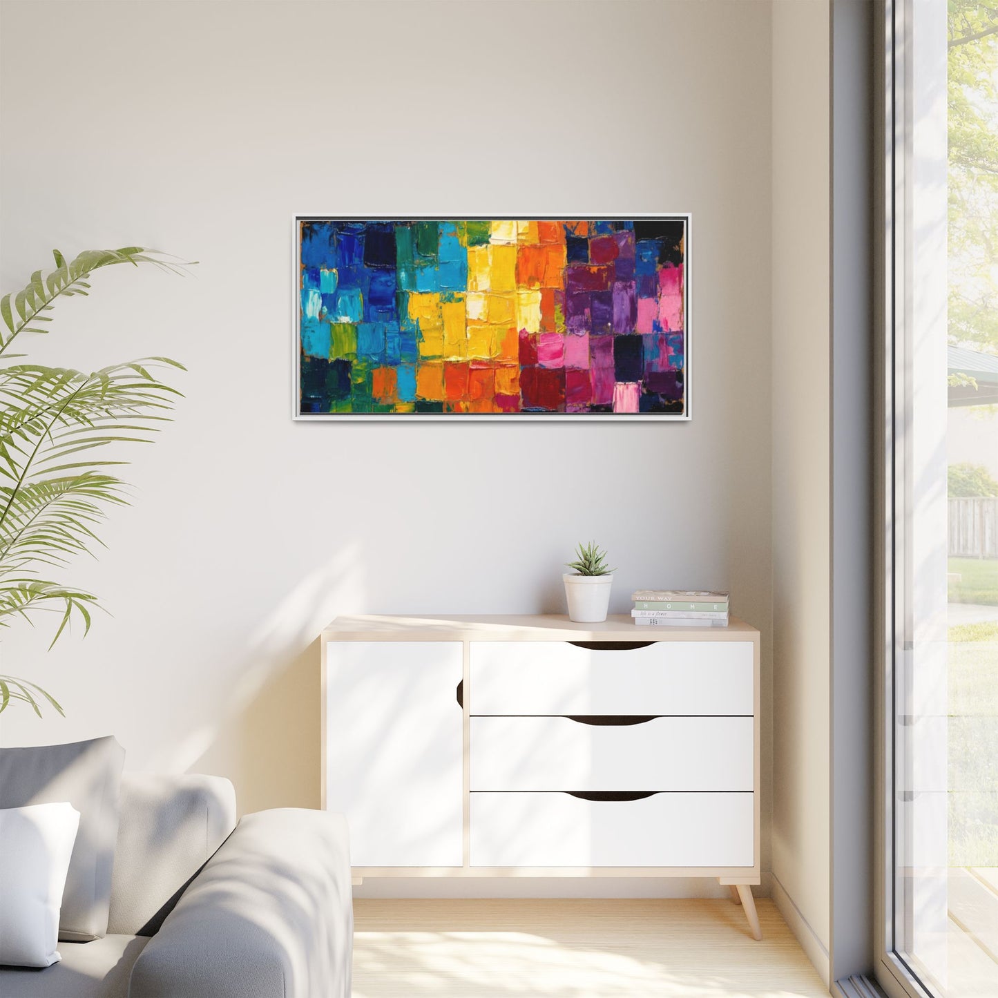 Abstract Rainbow Mosaic Framed Canvas Print — Colorful Modern Wall Art