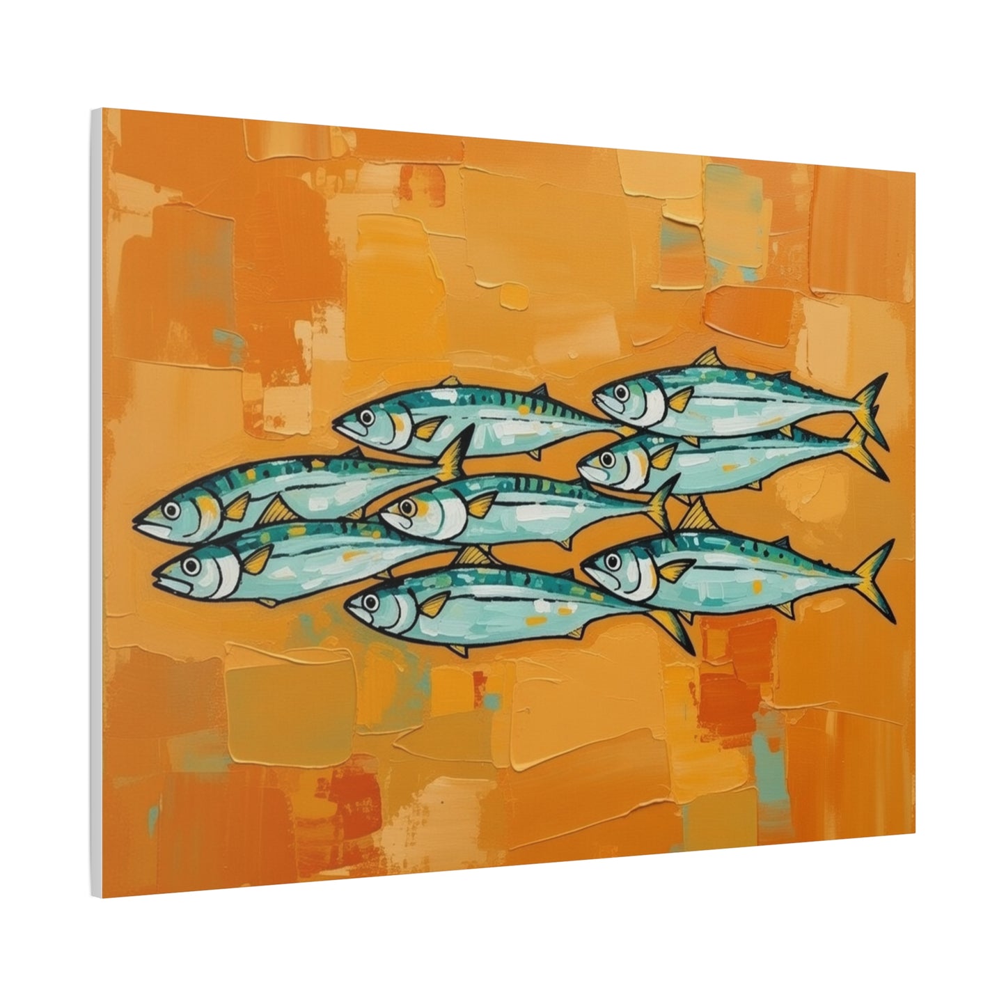 School of Mackerel Canvas Wall Art — Nautical Fish Painting on Orange Background
