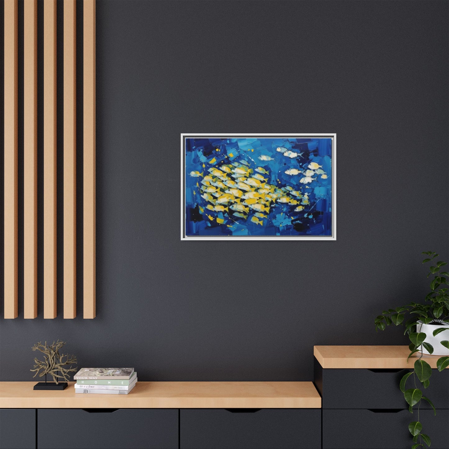 Framed Matte Canvas: Blue School of Fish Wall Art