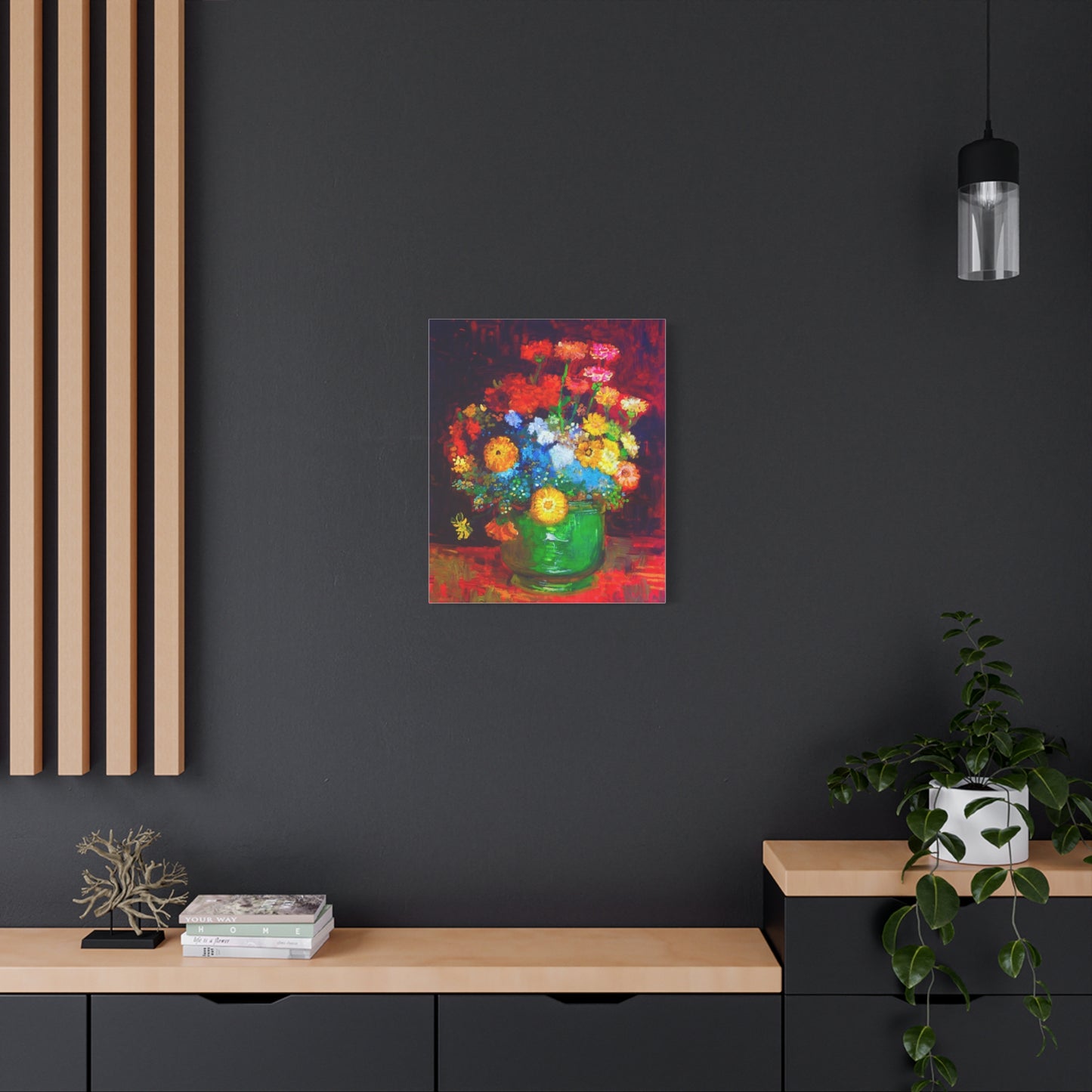 Floral Still Life Canvas Print — Vibrant Bouquet in Green Vase