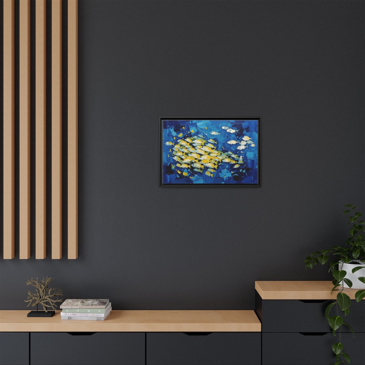 Framed Matte Canvas: Blue School of Fish Wall Art
