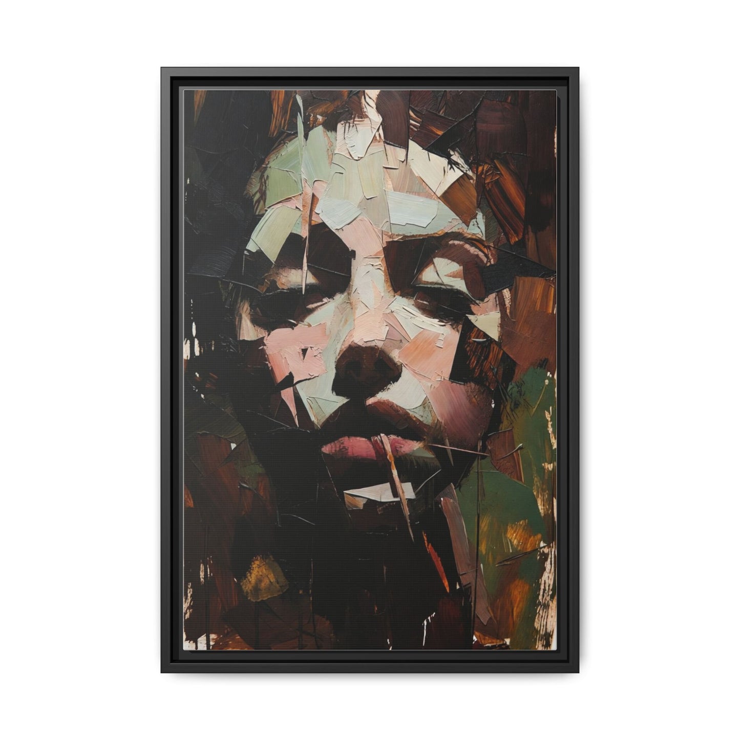 Matte Framed Canvas Art — Abstract Female Portrait, Moody Multicolor