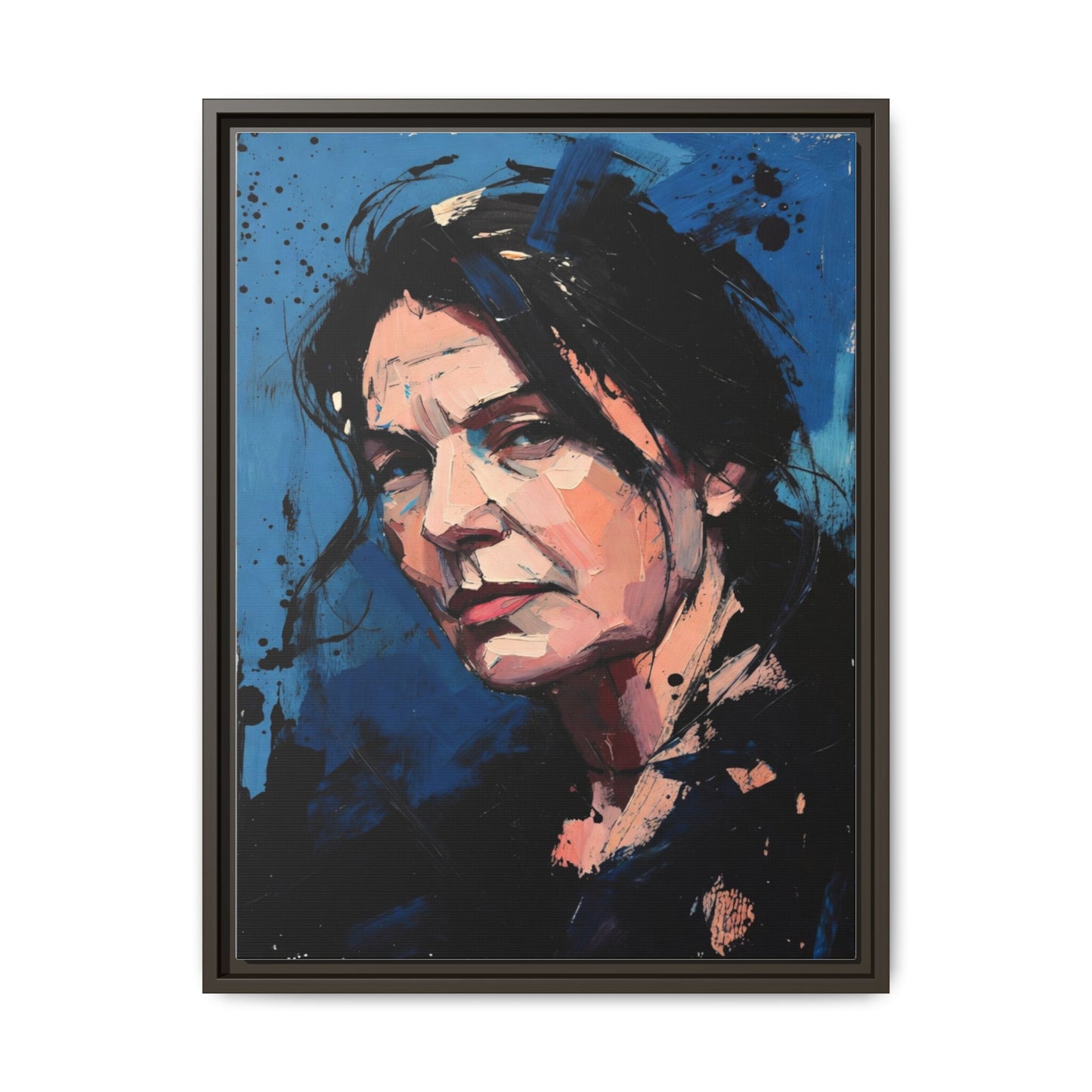 Framed Matte Canvas Portrait — Expressive Blue Painterly Woman Art