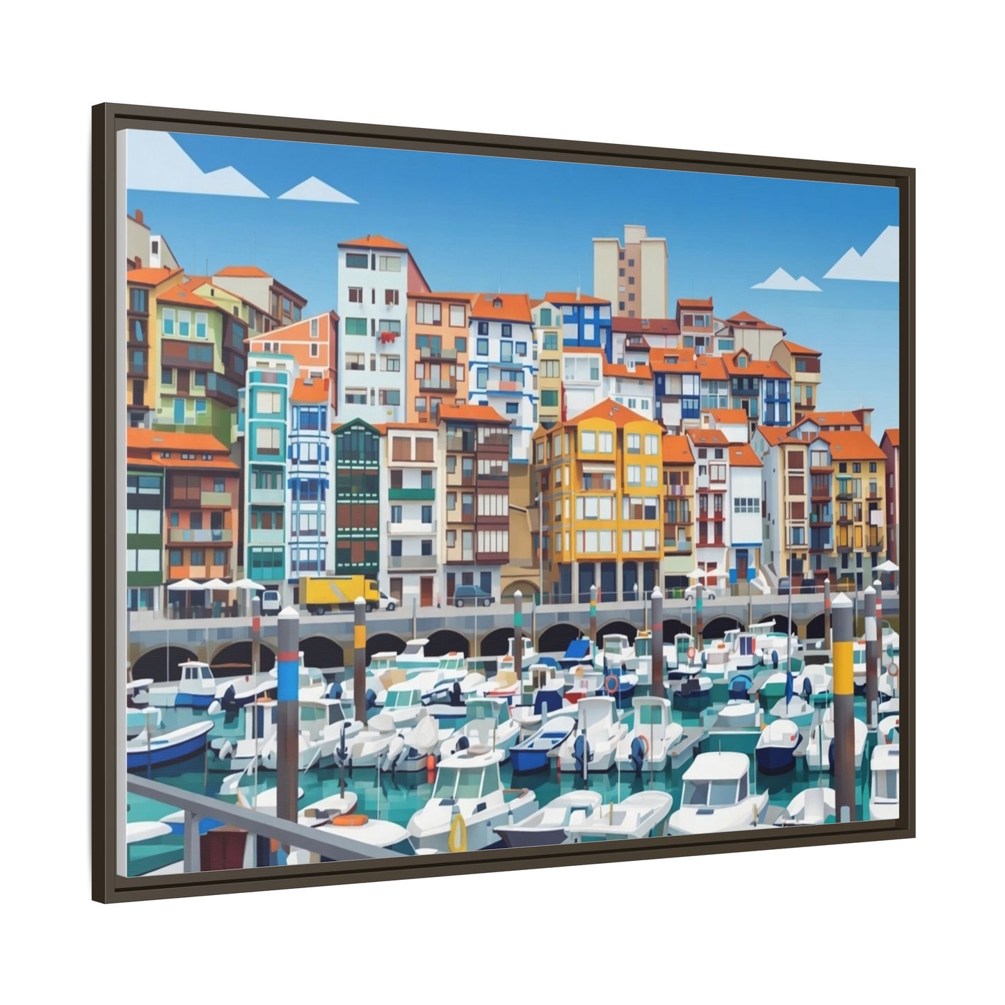 Framed Matte Canvas Print — Colorful Mediterranean Harbor Illustration