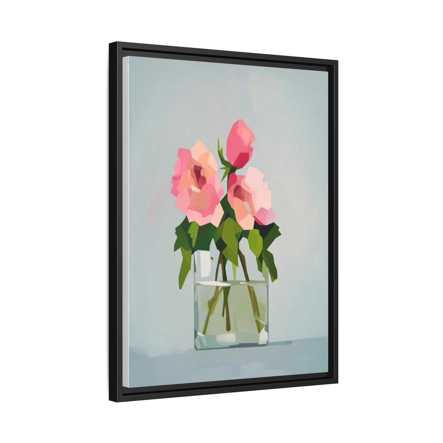 Framed Floral Canvas Print — Pink Roses in Glass Vase (Matte)