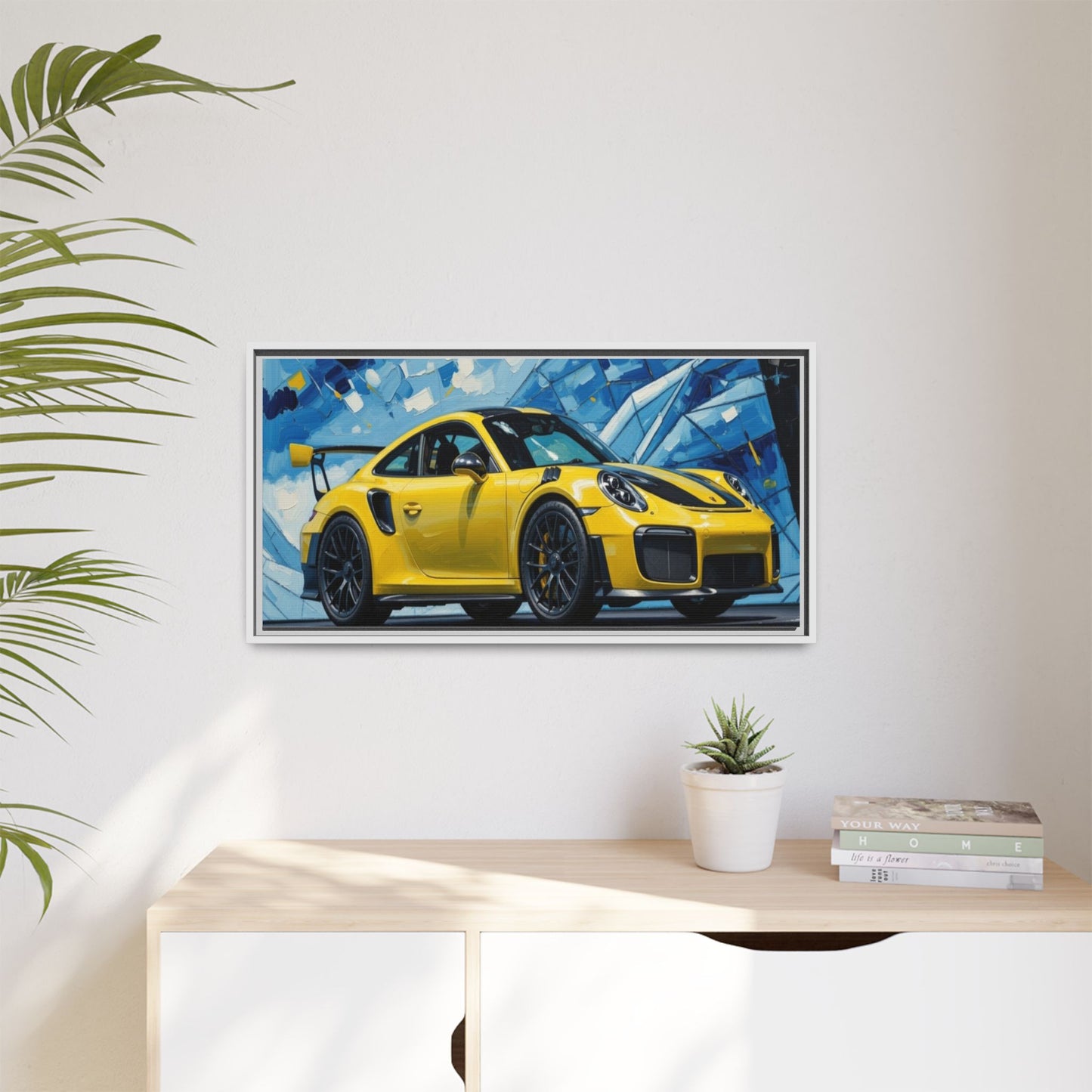 Yellow Porsche Sports Car Matte Framed Canvas – Modern Automotive Wall Art