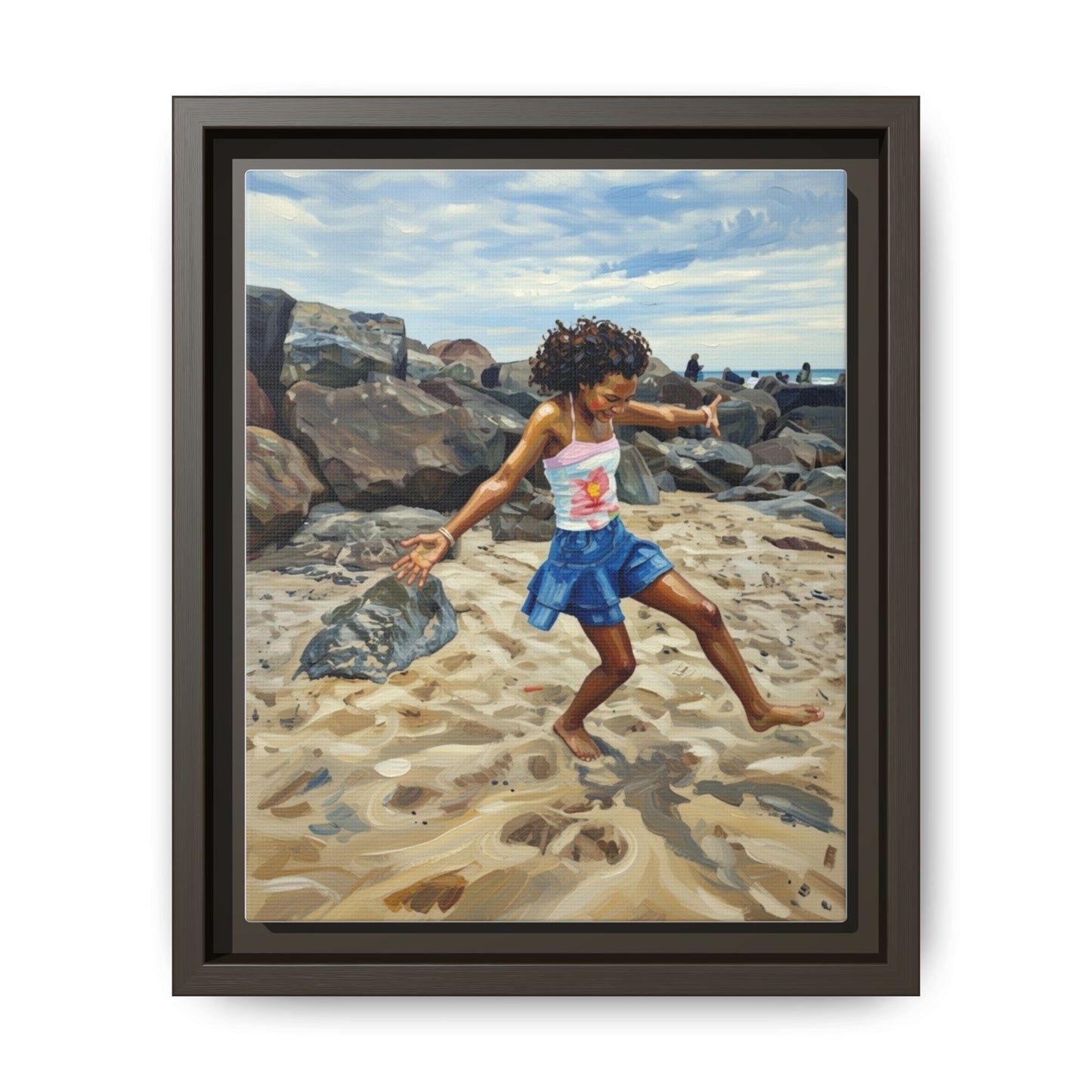 Framed Canvas Art - Girl Dancing on the Beach (Matte Multi-Color)