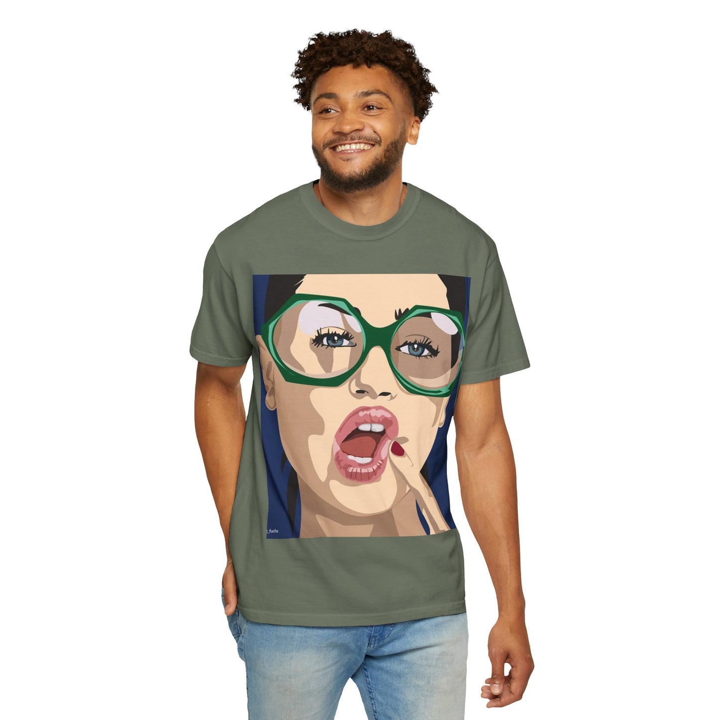 Pop Art Woman Graphic T‑Shirt — Retro Chic Green Glasses Design