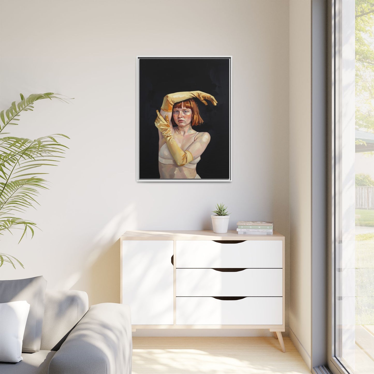 Framed Matte Canvas Art – Portrait of Woman in Yellow Gloves