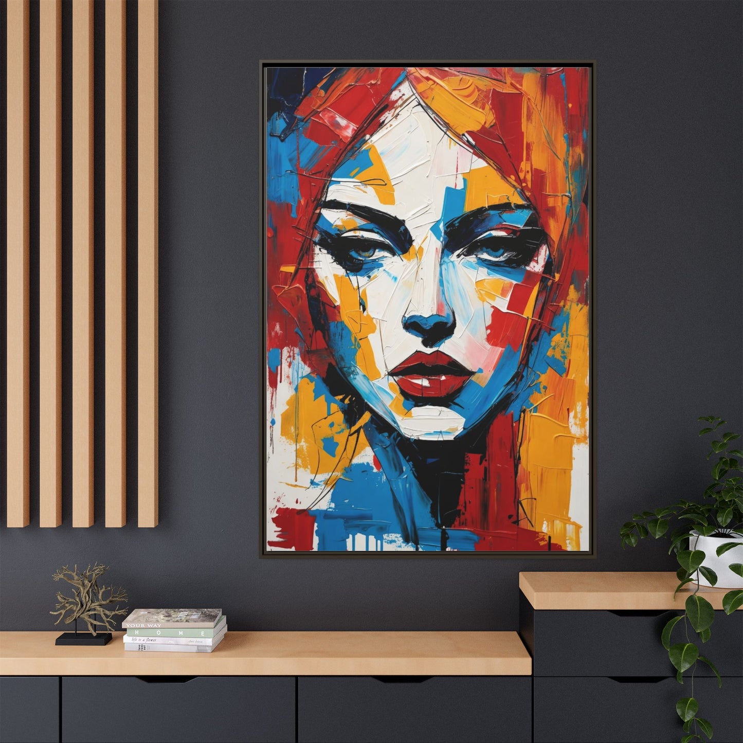 Framed Abstract Portrait Canvas — Colorful Female Face Wall Art