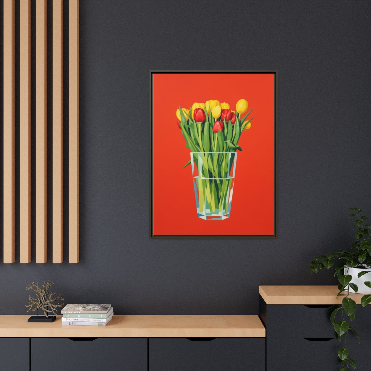 Framed Tulip Bouquet Matte Canvas Art — Vibrant Red Floral Wall Print