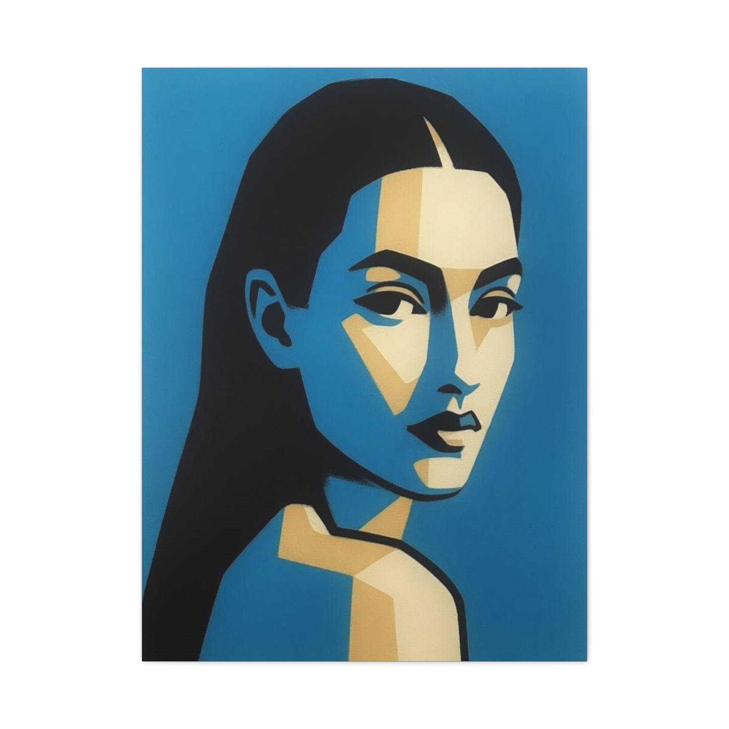 Blue Geometric Portrait Canvas - Modern Stretched Wall Art