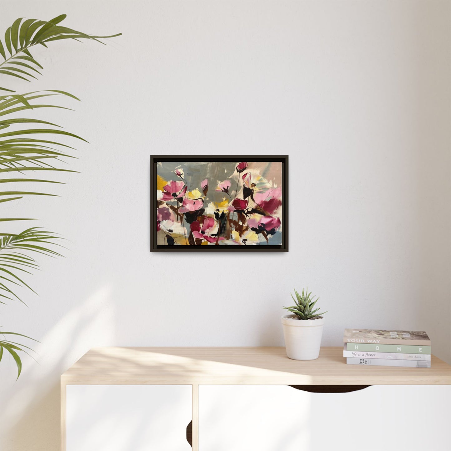 Framed Floral Canvas Wall Art — Abstract Pink & Yellow Flowers